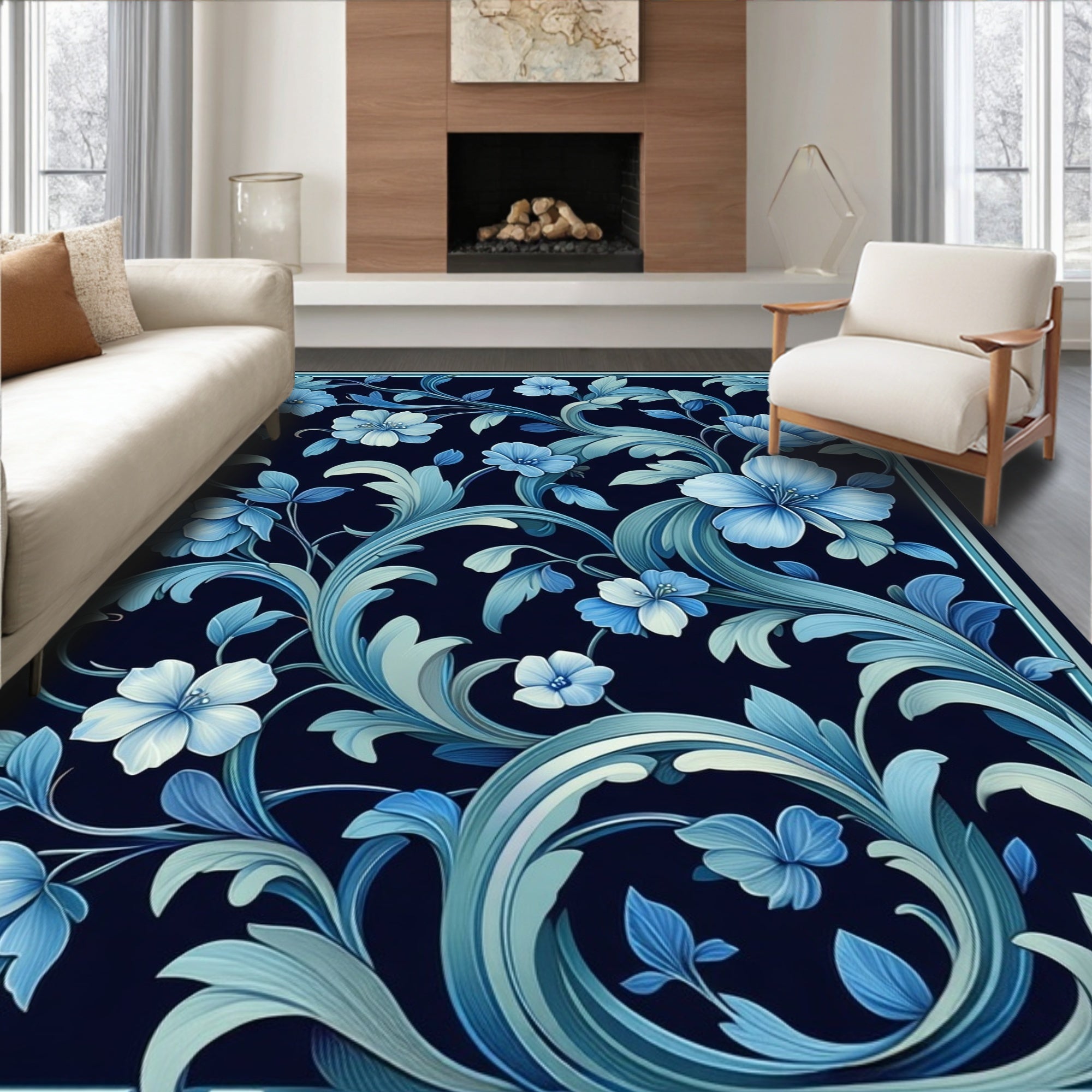 Deep Blue Floral Vine Pattern Rug
