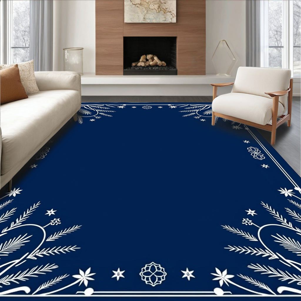 Navy White Folk Art Floral Border Rug