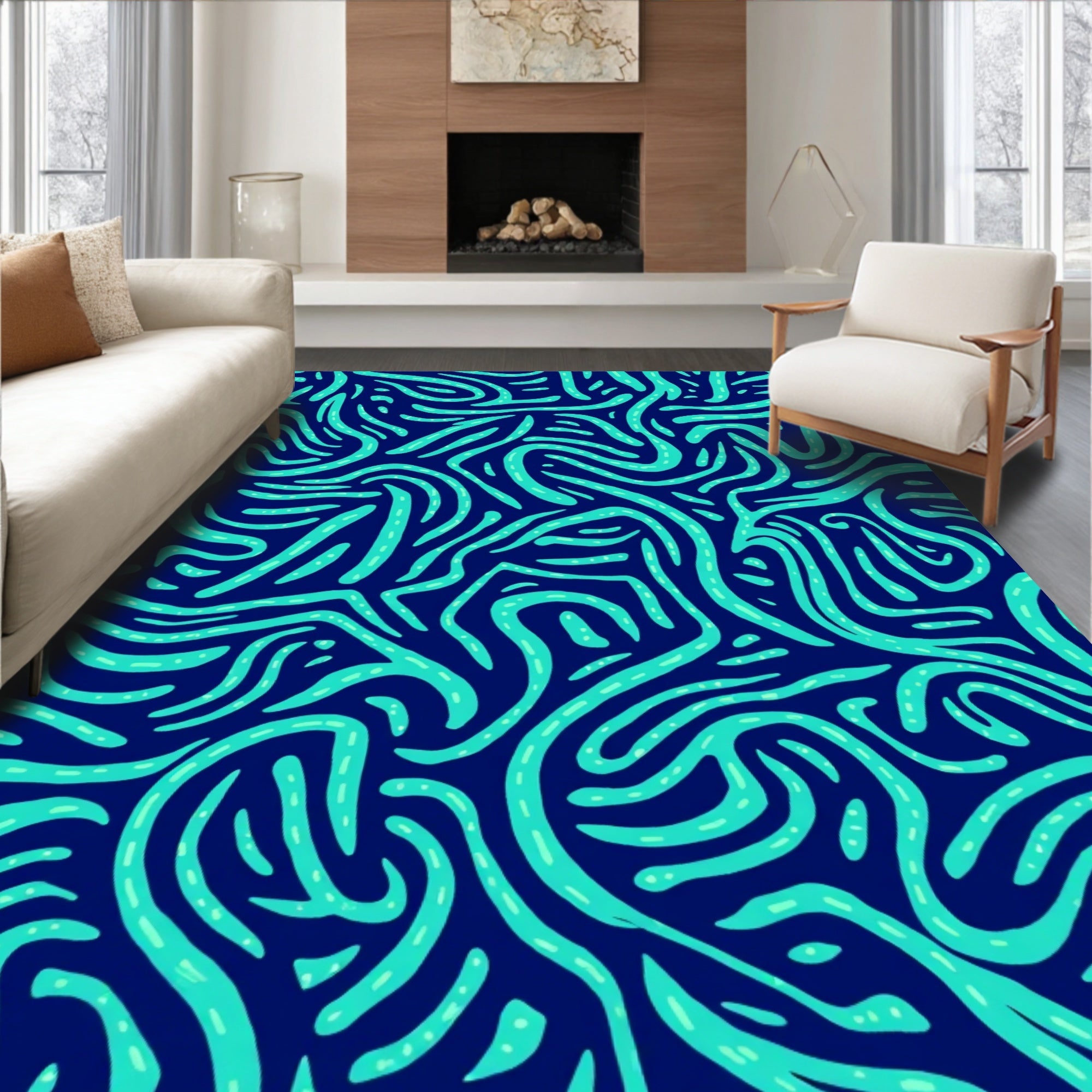 Aqua Swirl Pattern Dark Blue Rug