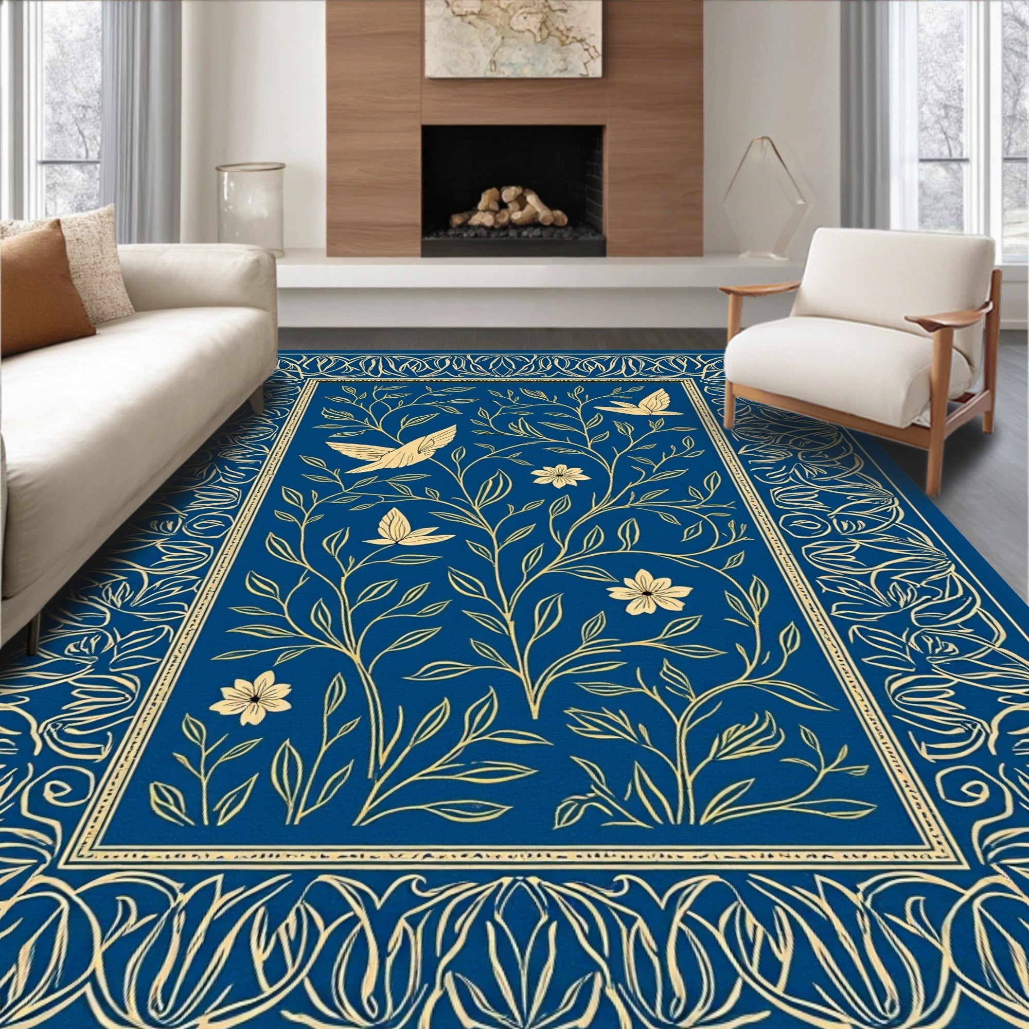 Blue Floral Birds Vines Design Rug
