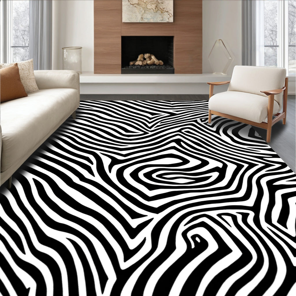 Bold Black White Wavy Stripes Rug