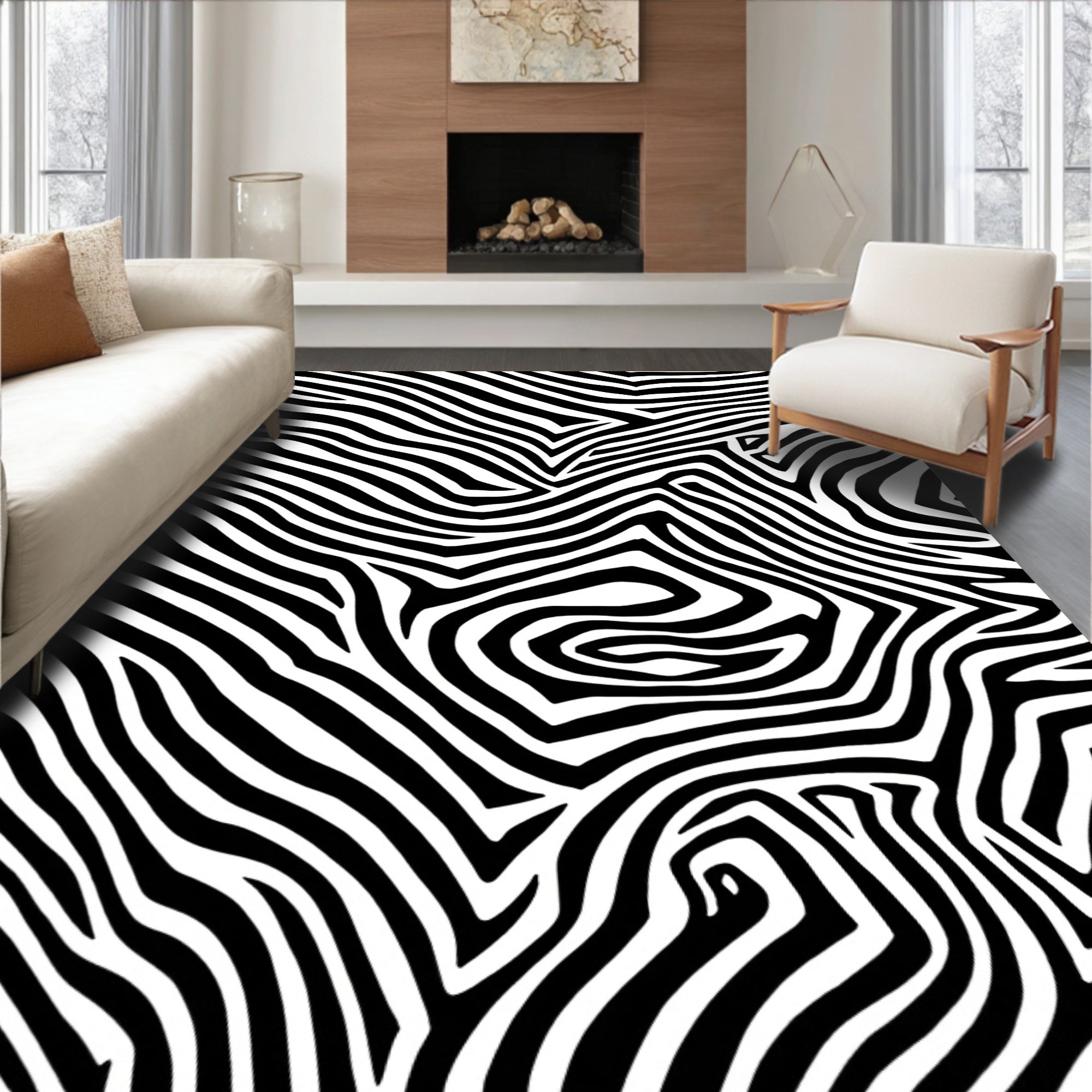 Bold Black White Wavy Stripes Rug