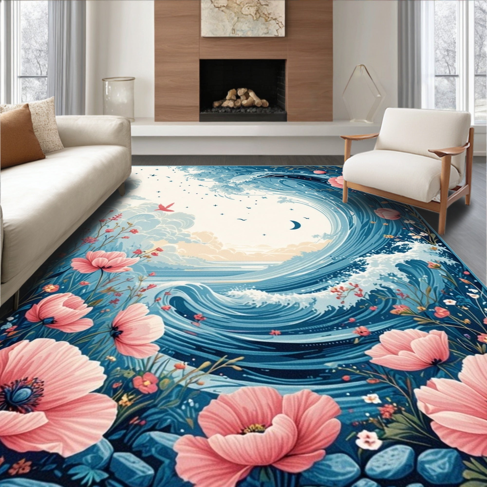 Pink Poppy Floral Ocean Wave Design Rug