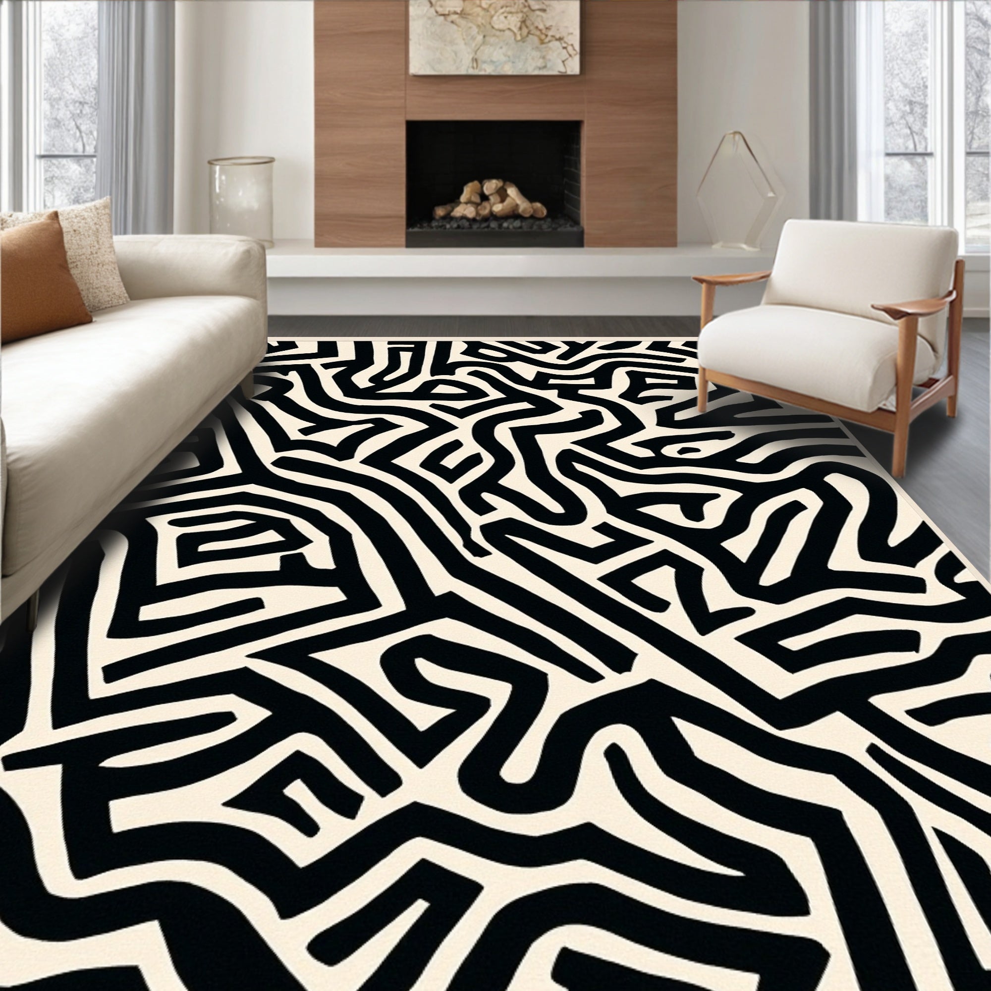 Abstract Black White Maze Pattern Rug