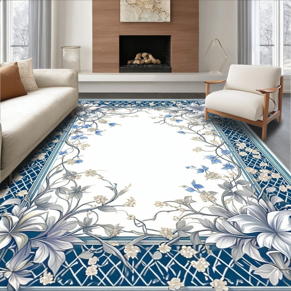Ornate Blue White Floral Vine Design Rug