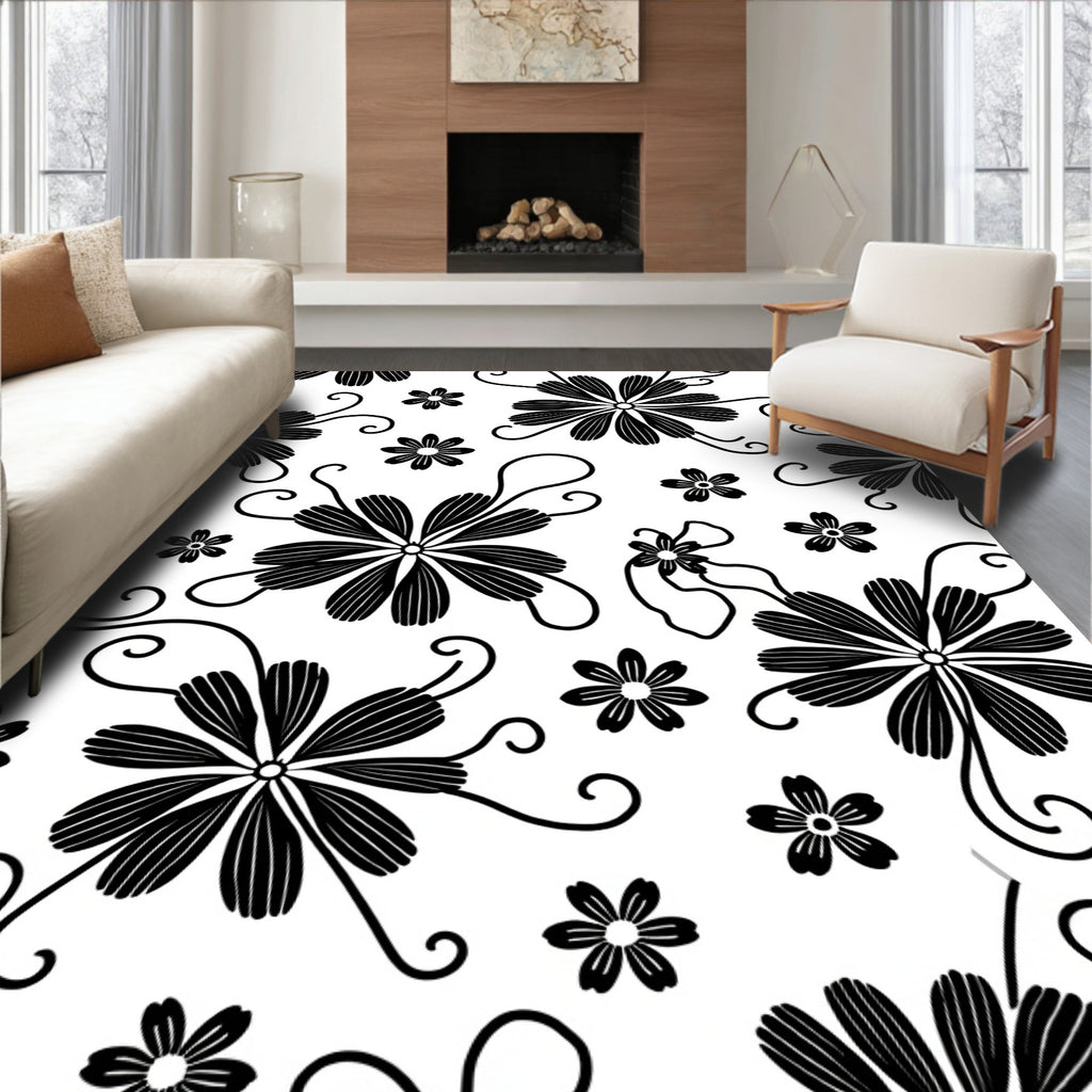 Black Floral Swirl Pattern Rug