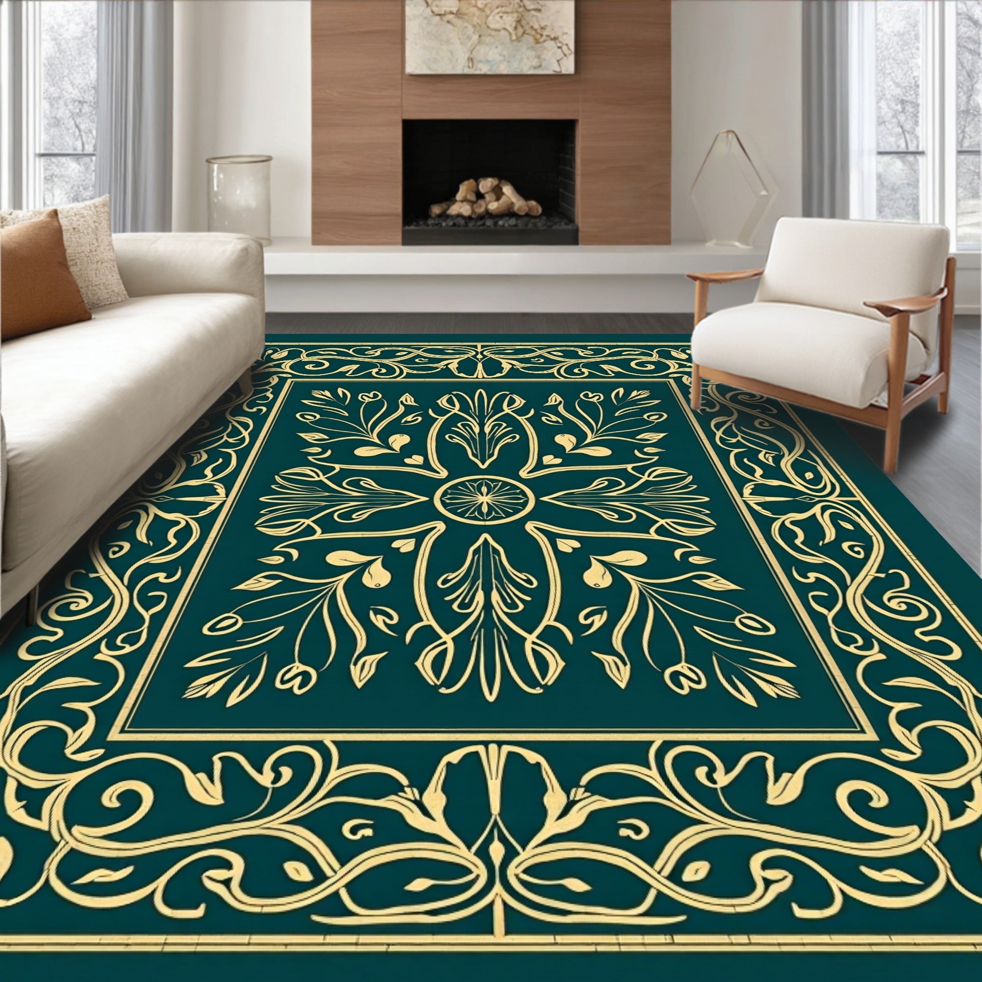 Art Nouveau Teal Floral Scroll Rug