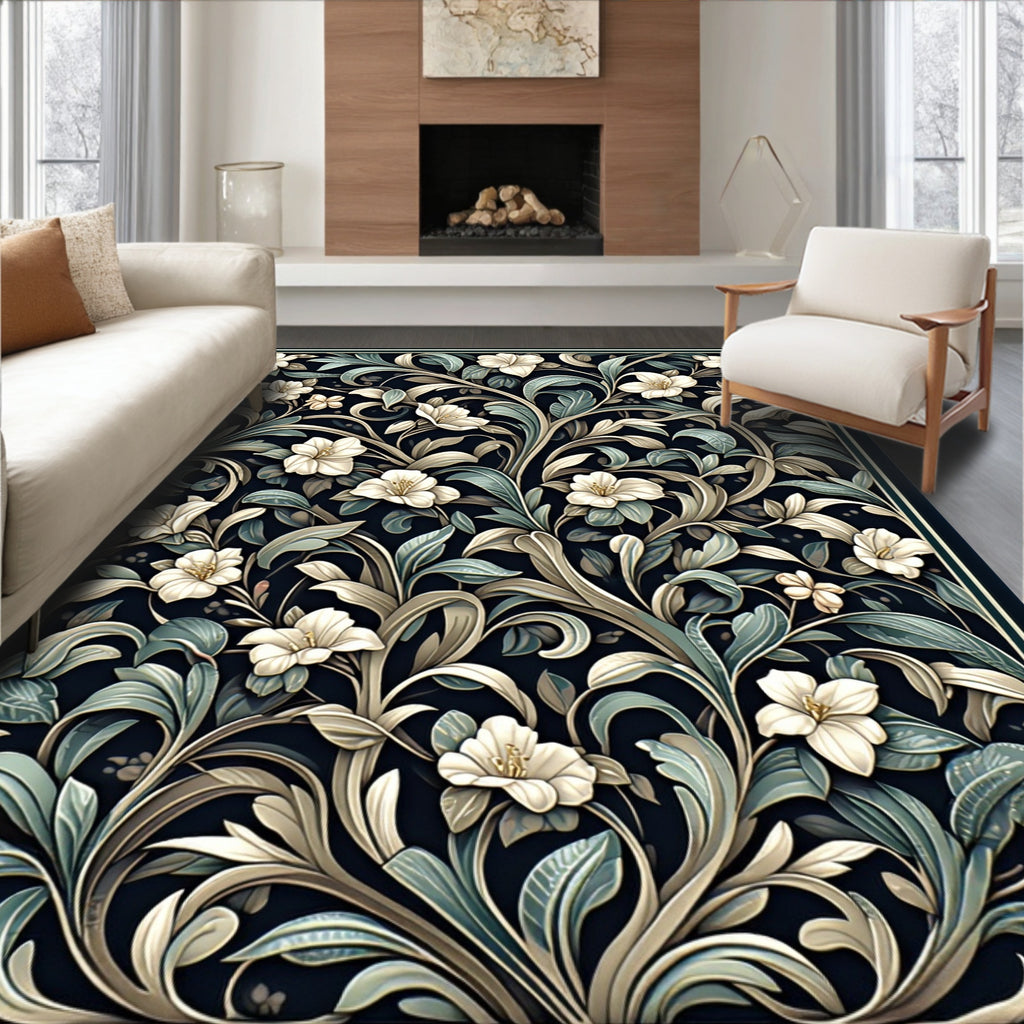 Dark Floral Leaf Vine Pattern Rug