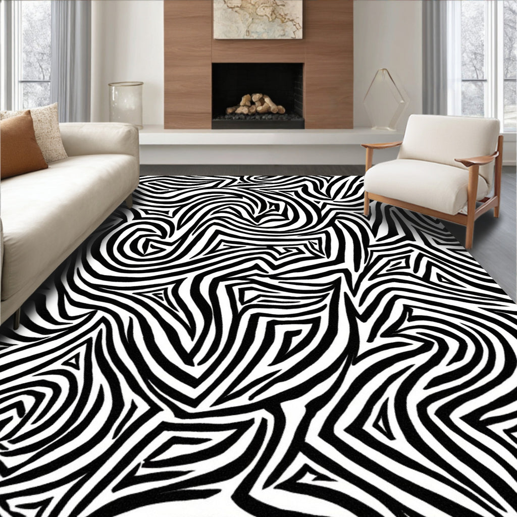 Intricate Black White Stripe Pattern Rug