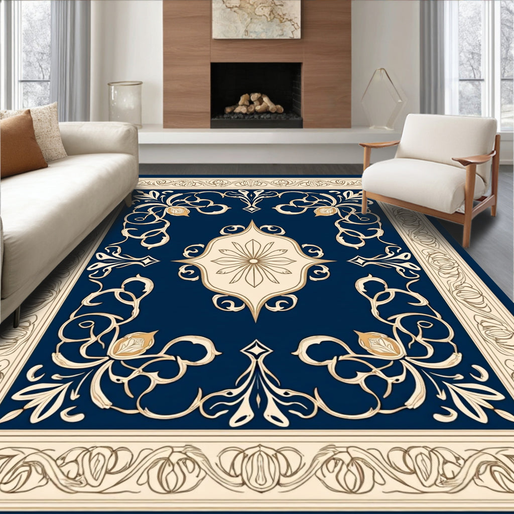 Elegant Floral Scrollwork Navy Rug