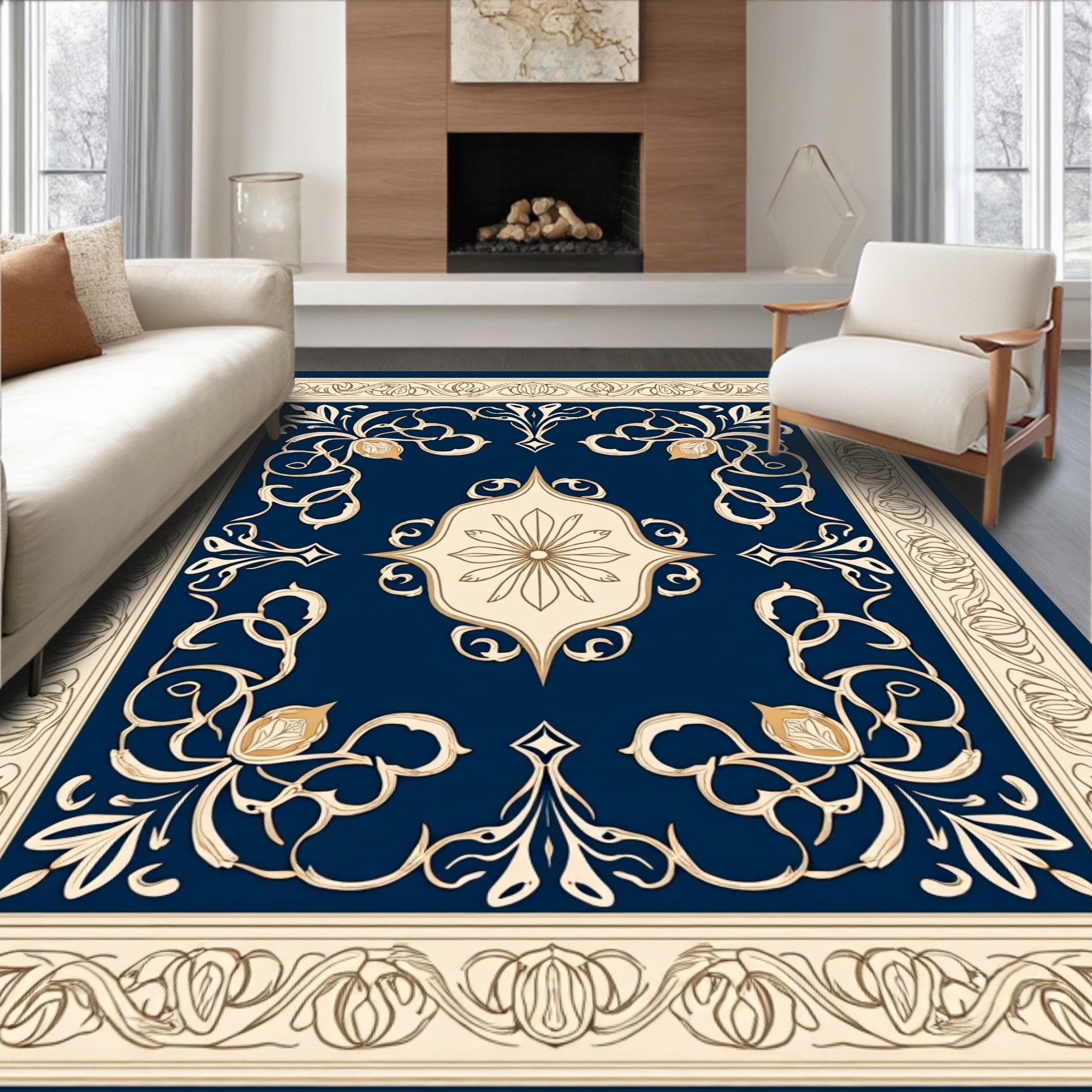 Elegant Floral Scrollwork Navy Rug