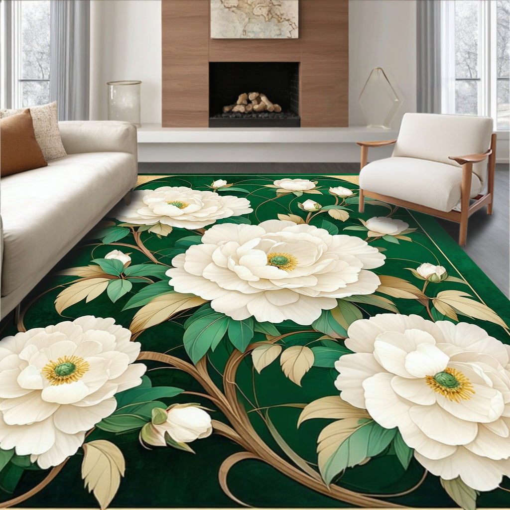 White Peony With Green Emerald Accents Rug