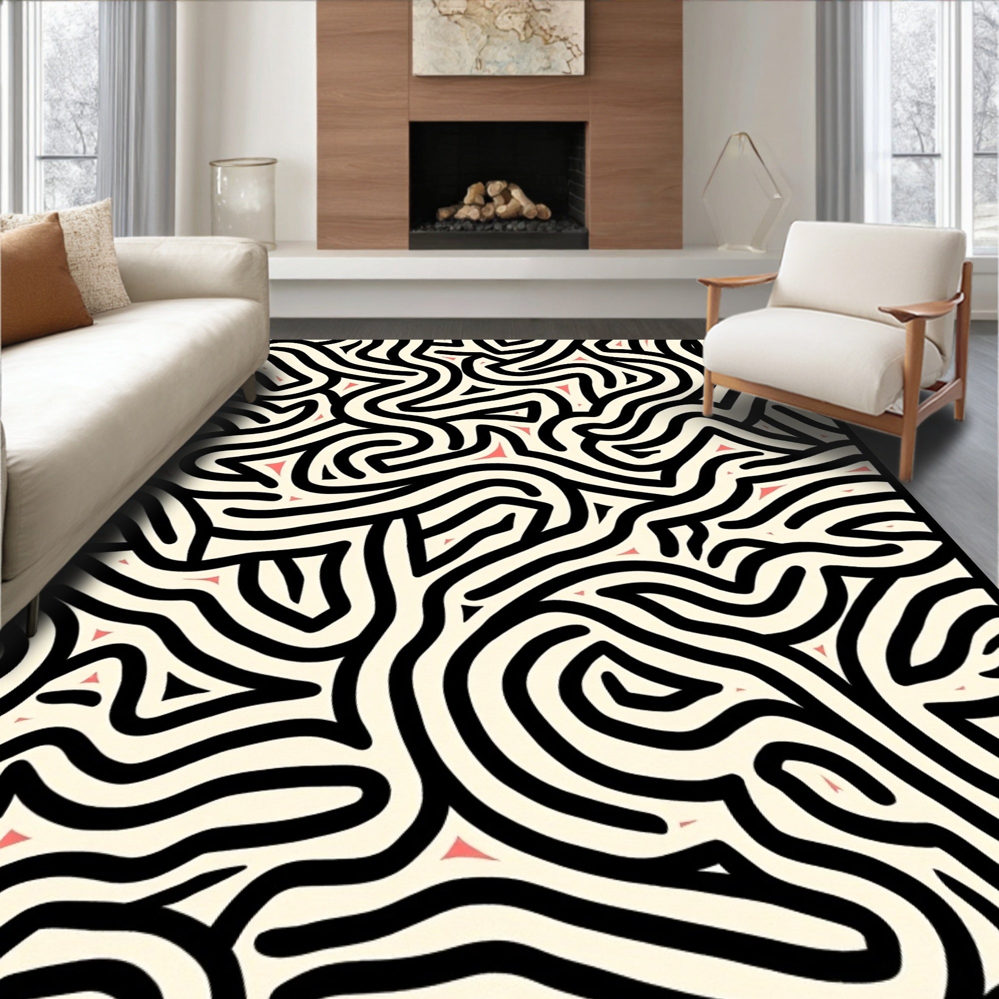 Intricate Black Wavy Abstract Pattern Rug