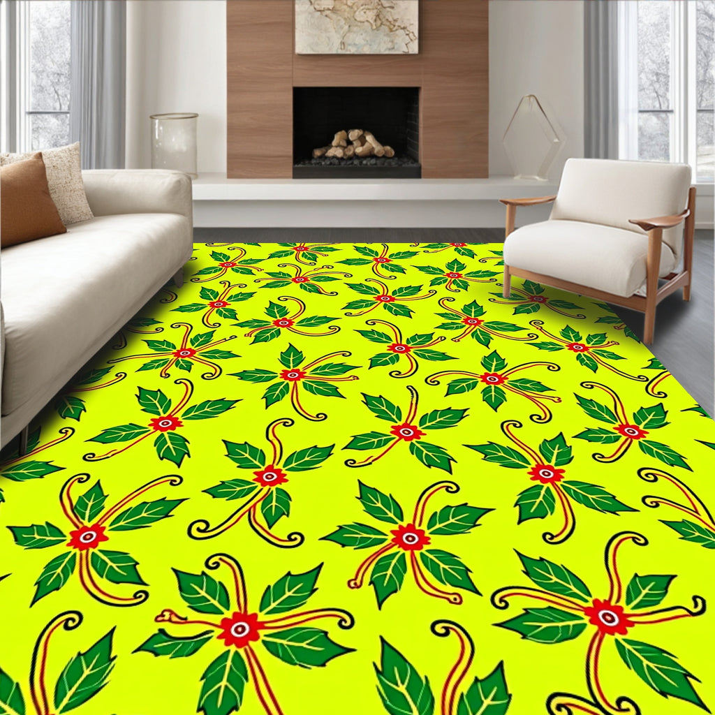 Vibrant Green Red Floral Swirls Rug