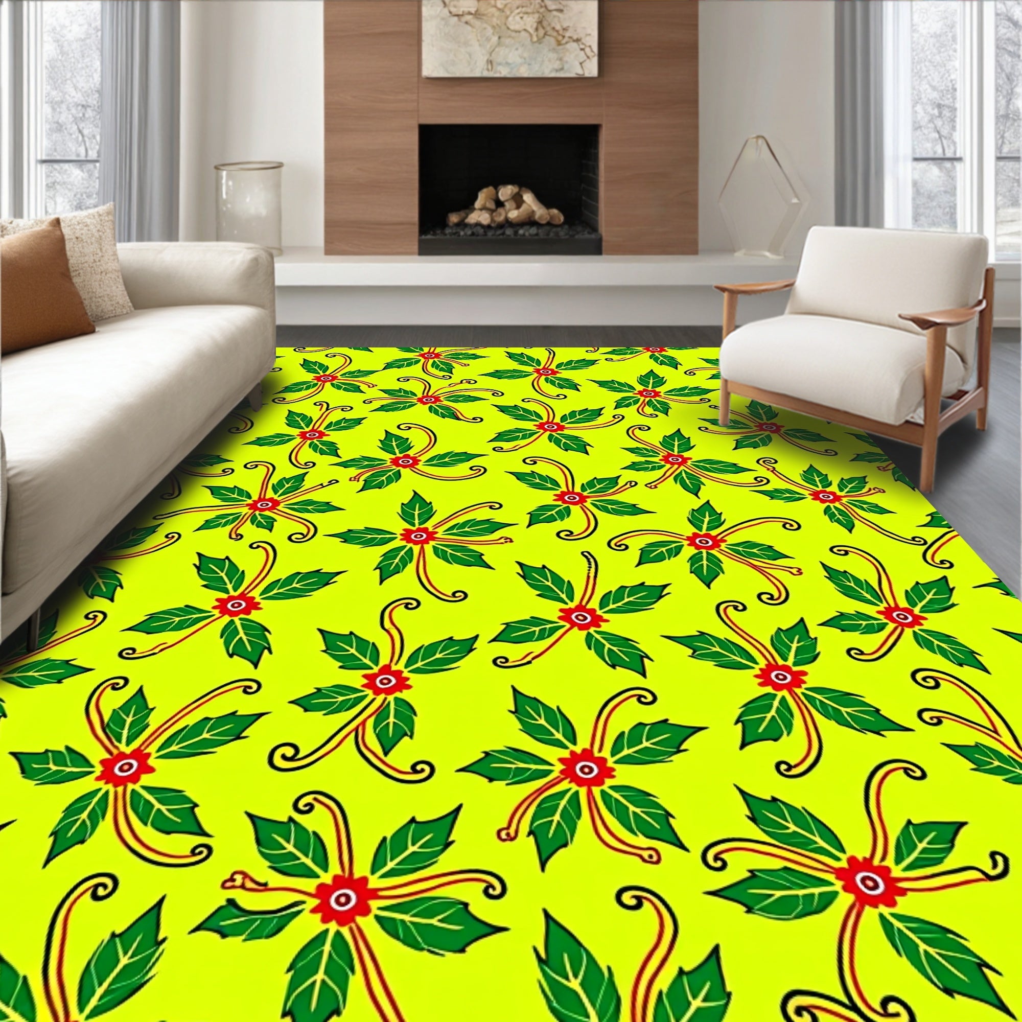 Vibrant Green Red Floral Swirls Rug