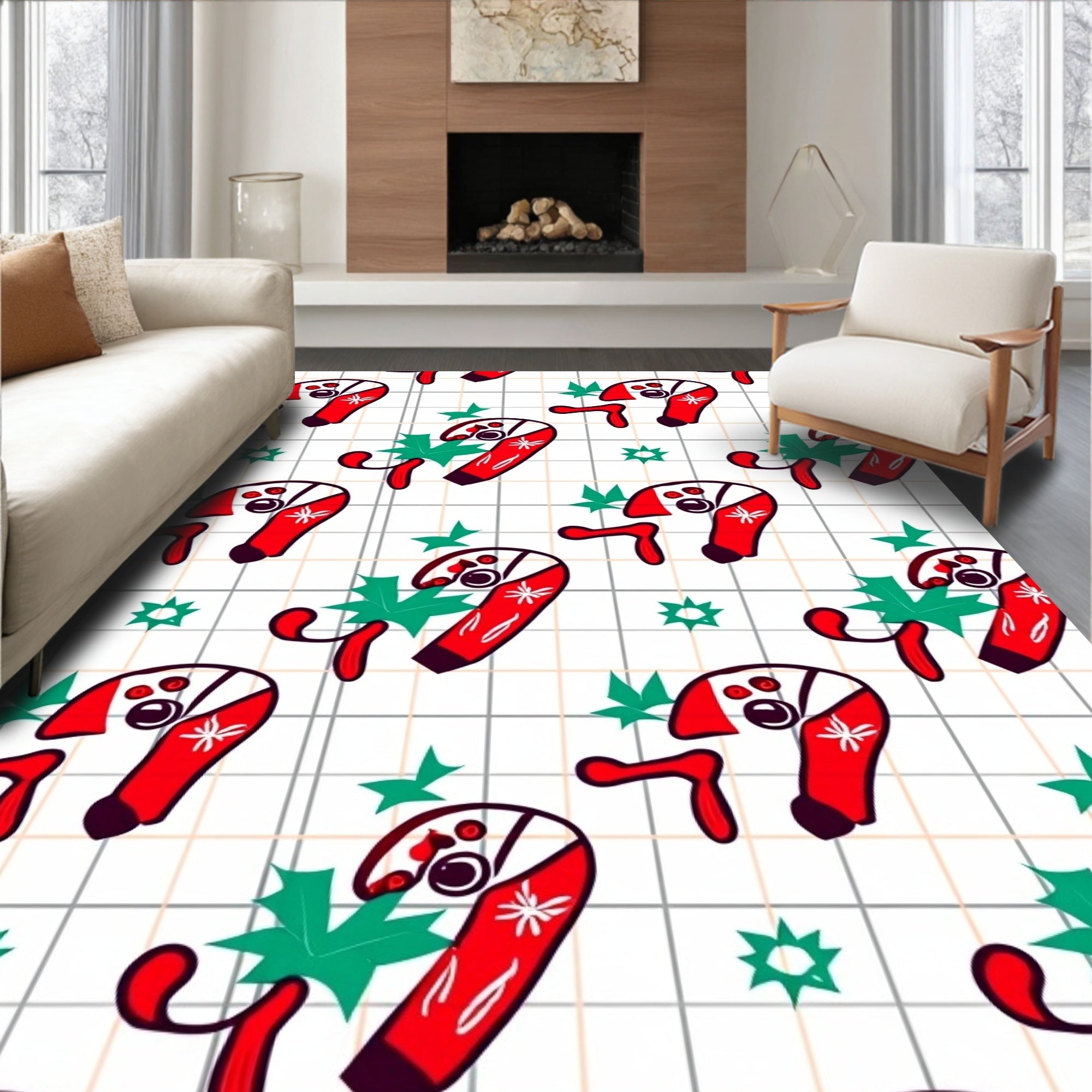 Red Candy Cane Holly Grid Rug