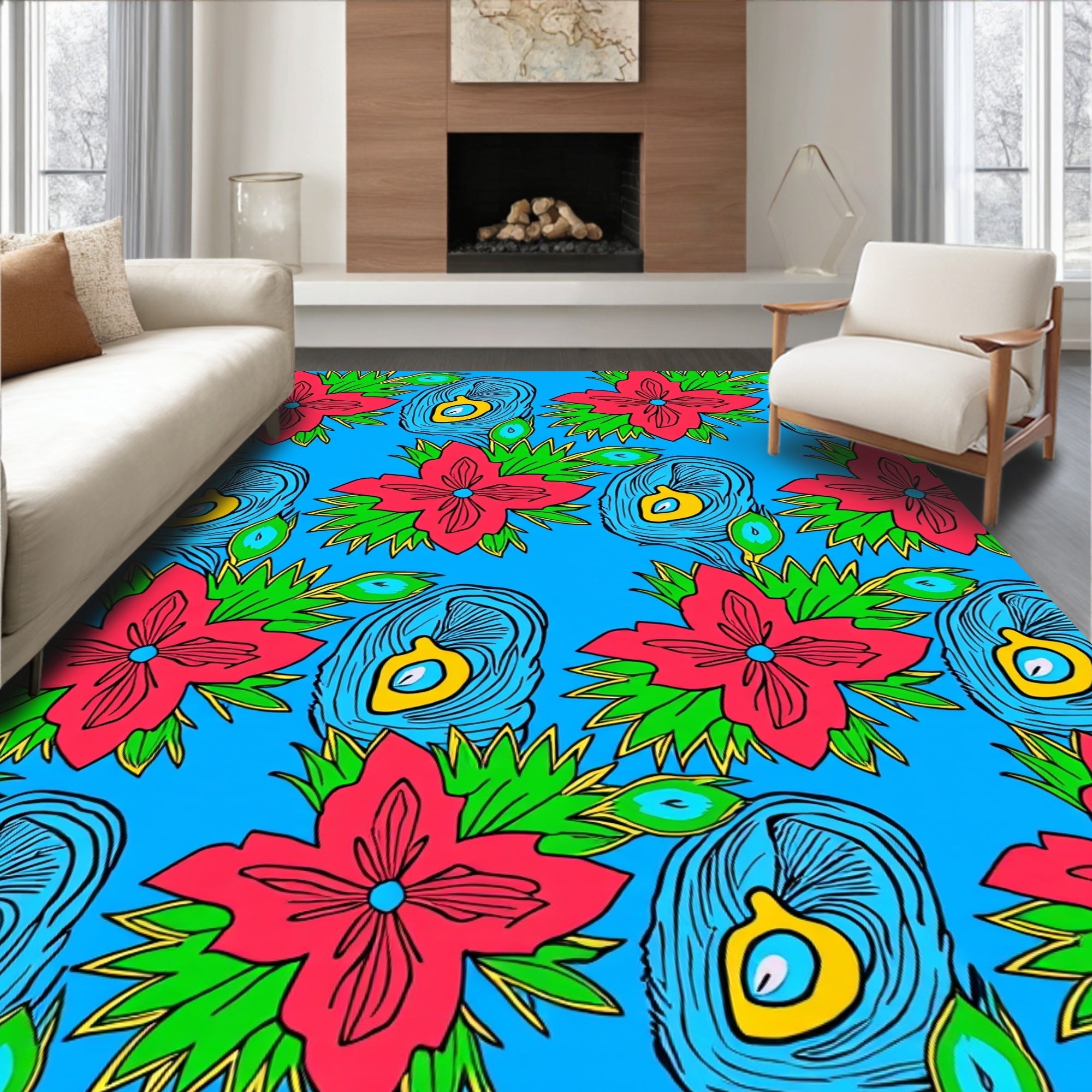 Vibrant Floral Feather Pattern Design Rug