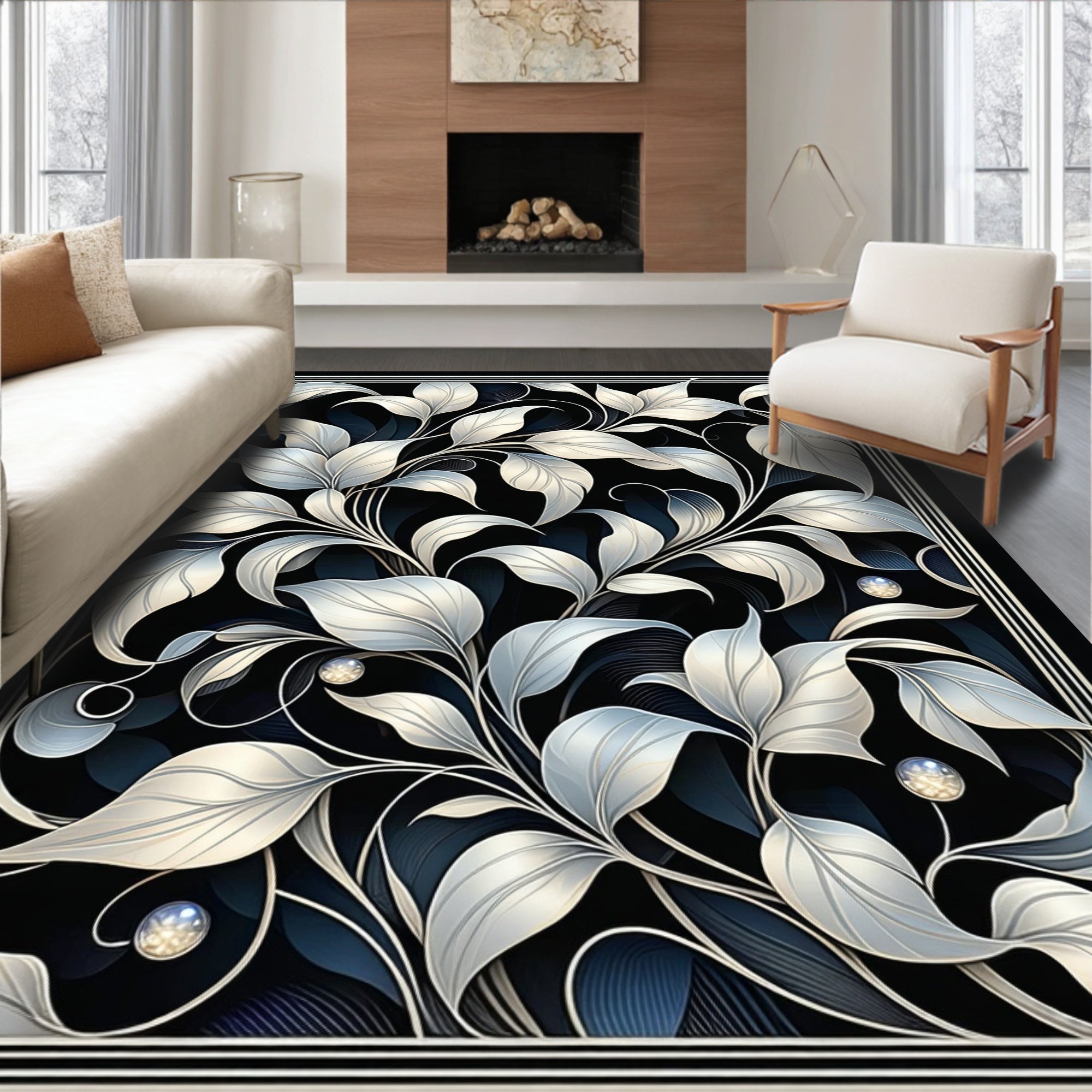 Silver Leaf Art Nouveau Pattern Rug