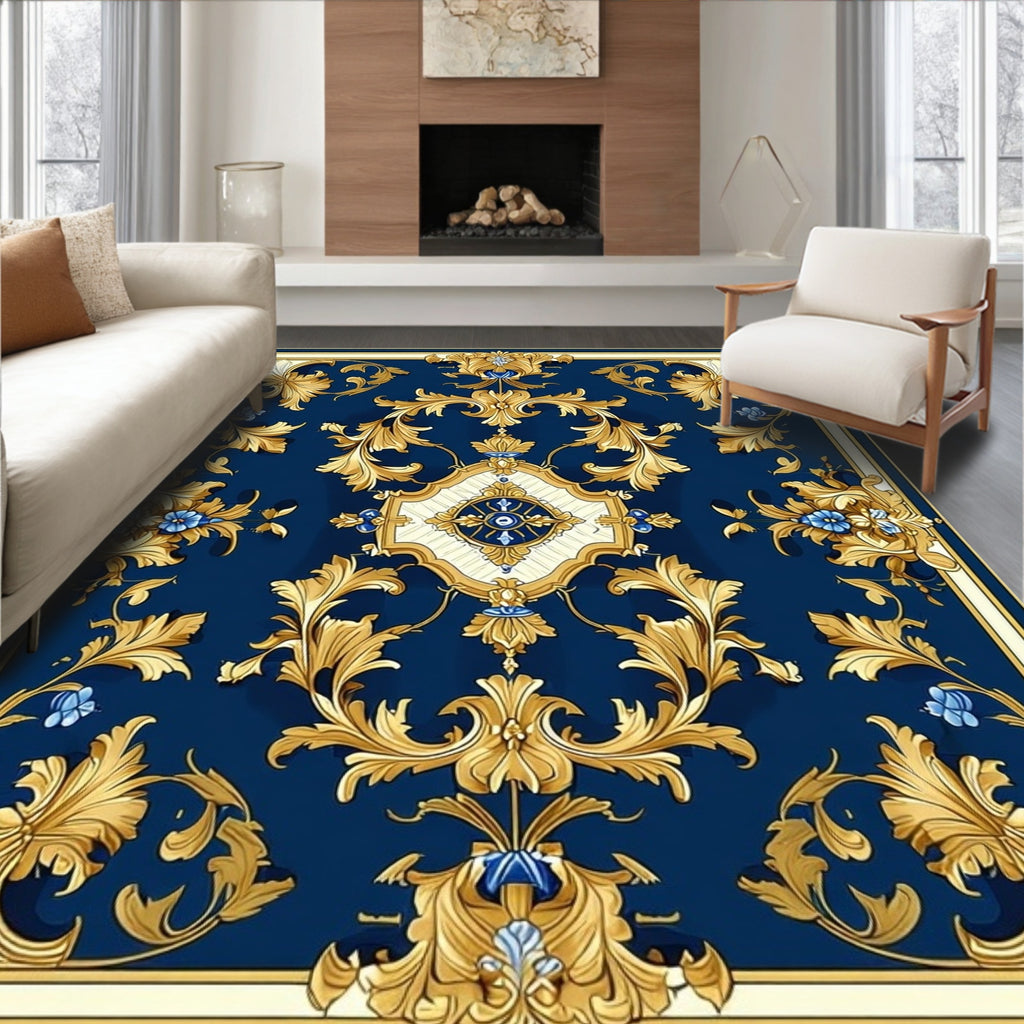 Elegant Gold Scrollwork Blue Pattern Rug