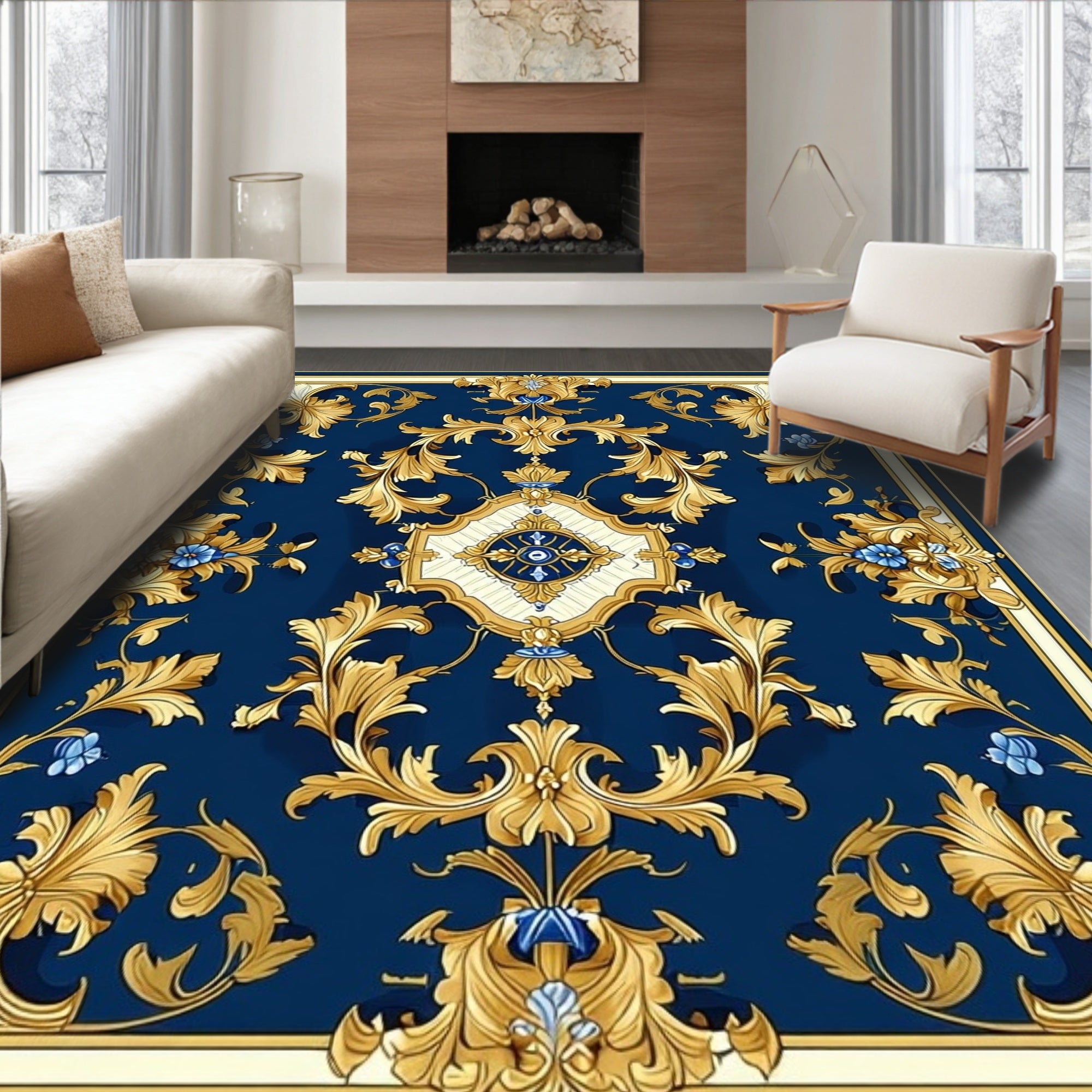 Elegant Gold Scrollwork Blue Pattern Rug