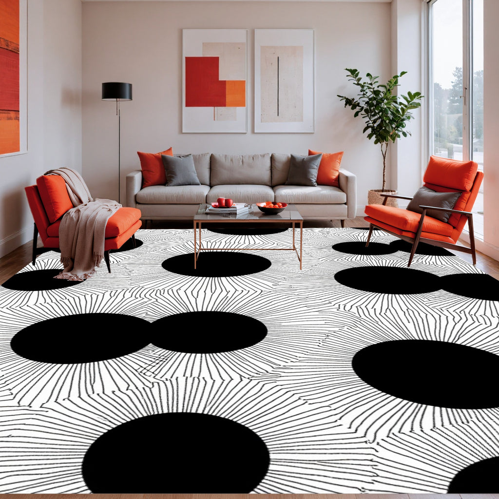 Bold Black Sunburst Circles Rug