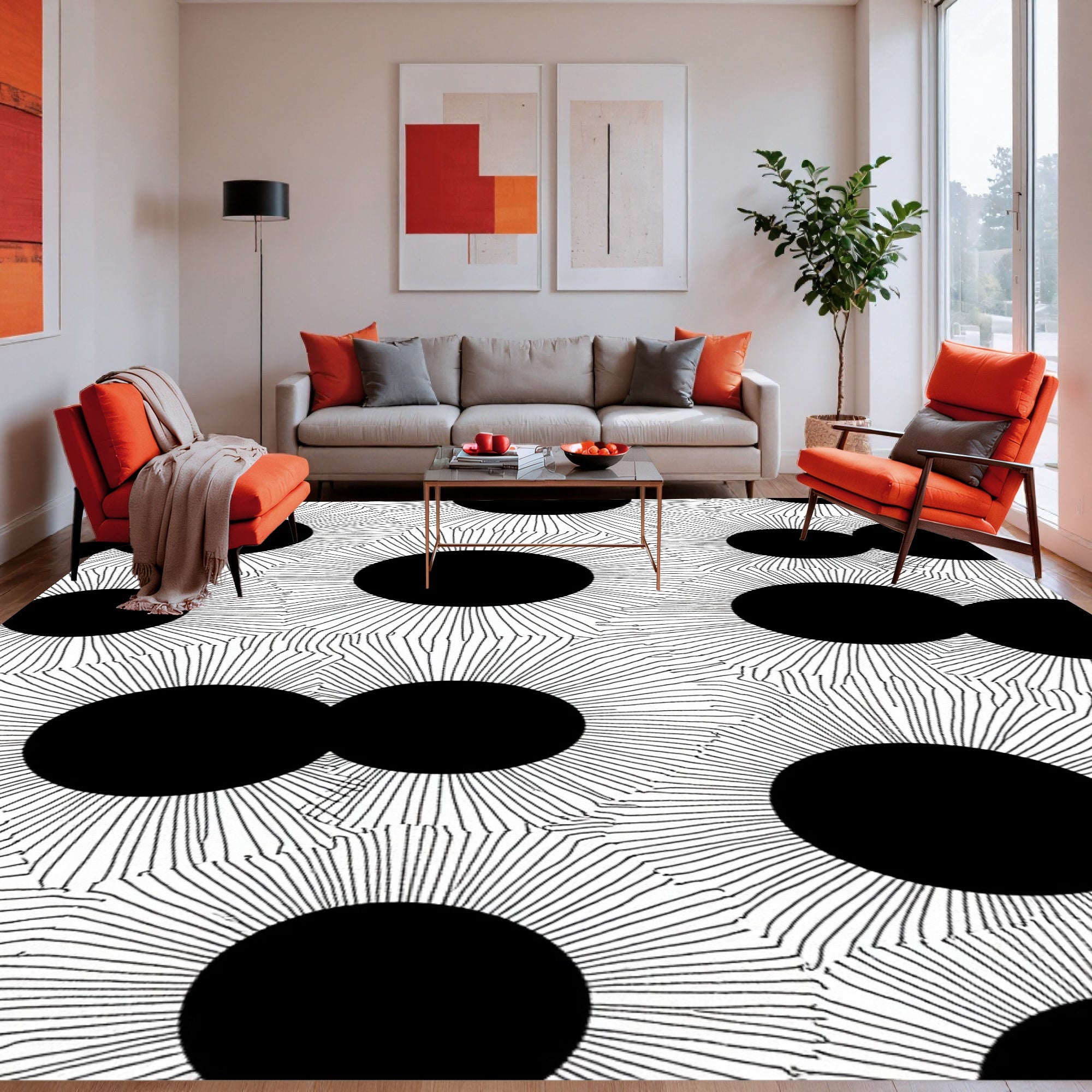 Bold Black Sunburst Circles Rug