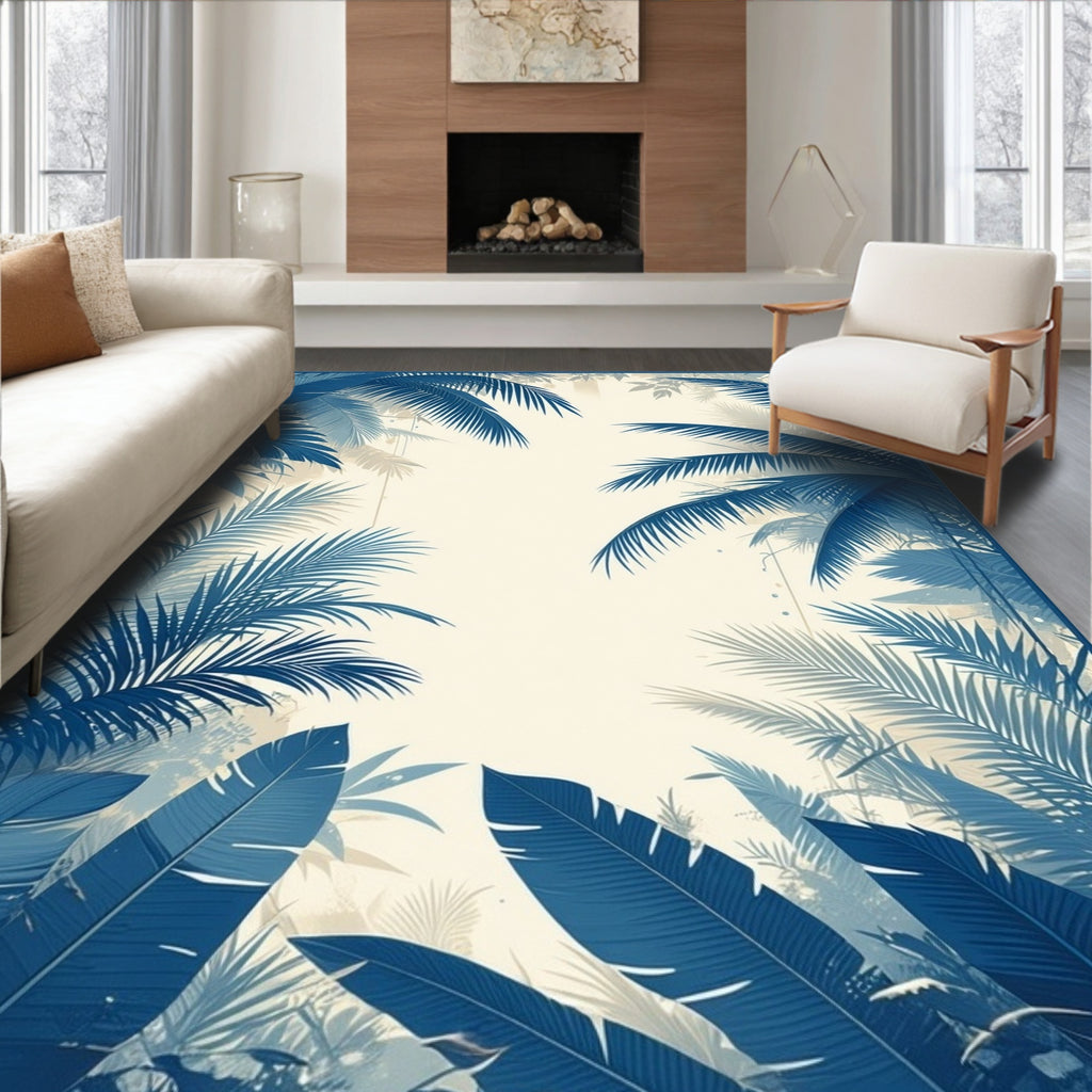 Deep Blue Tropical Leaves Pattern Rug