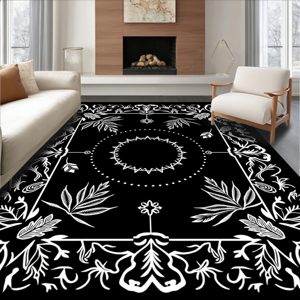 Black White Floral Mandala Border Rug