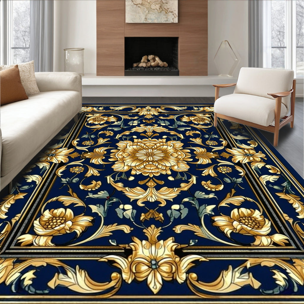 Ornate Floral Medallion Navy Rug