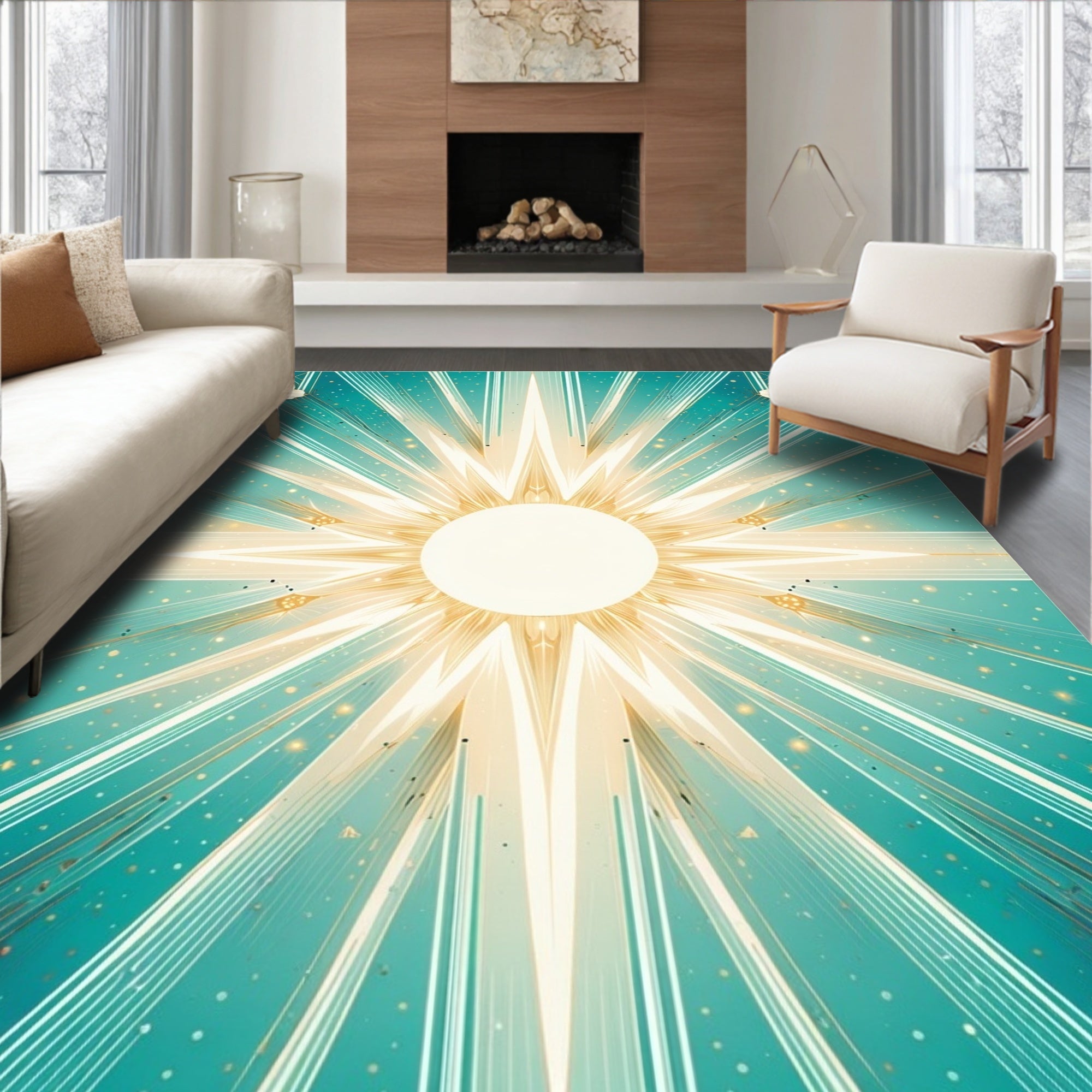 Radiant Sunburst Teal Floral Design Rug