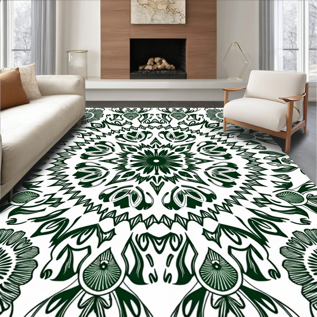 Dark Green Medallion Mandala Symmetry Rug