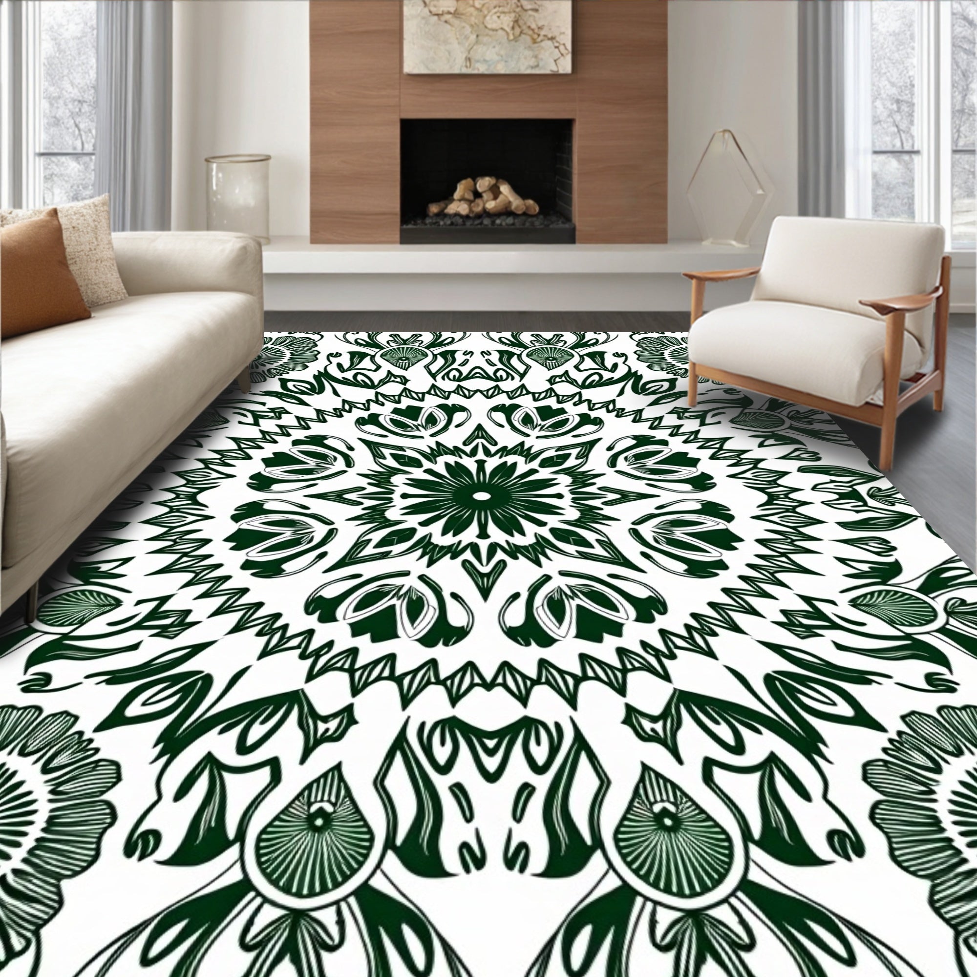 Dark Green Medallion Mandala Symmetry Rug