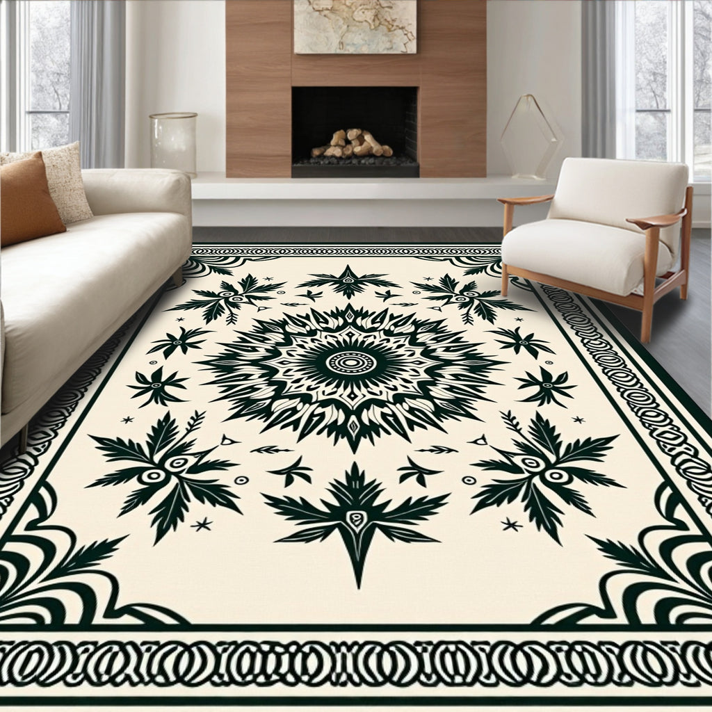 Black Floral Sunburst Medallion Cream Rug