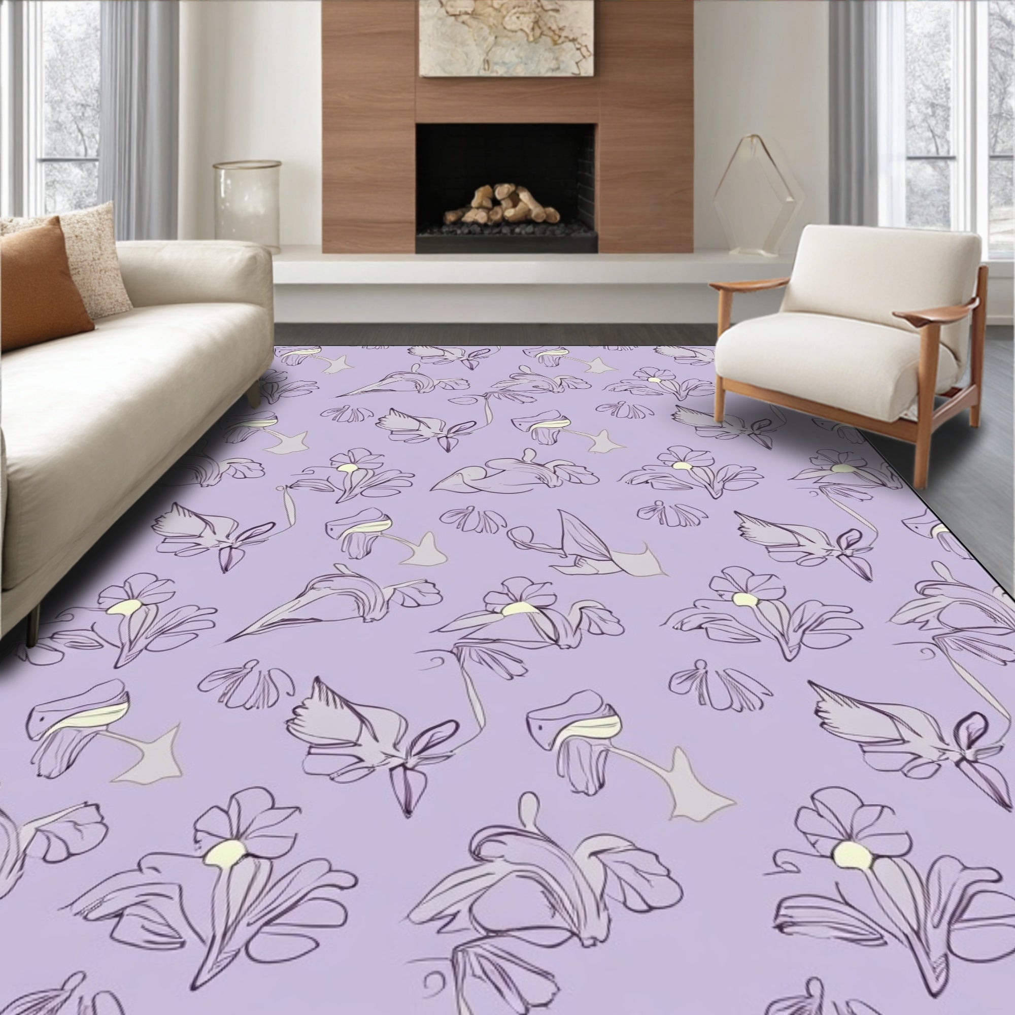 Delicate Floral Outline Pattern Rug