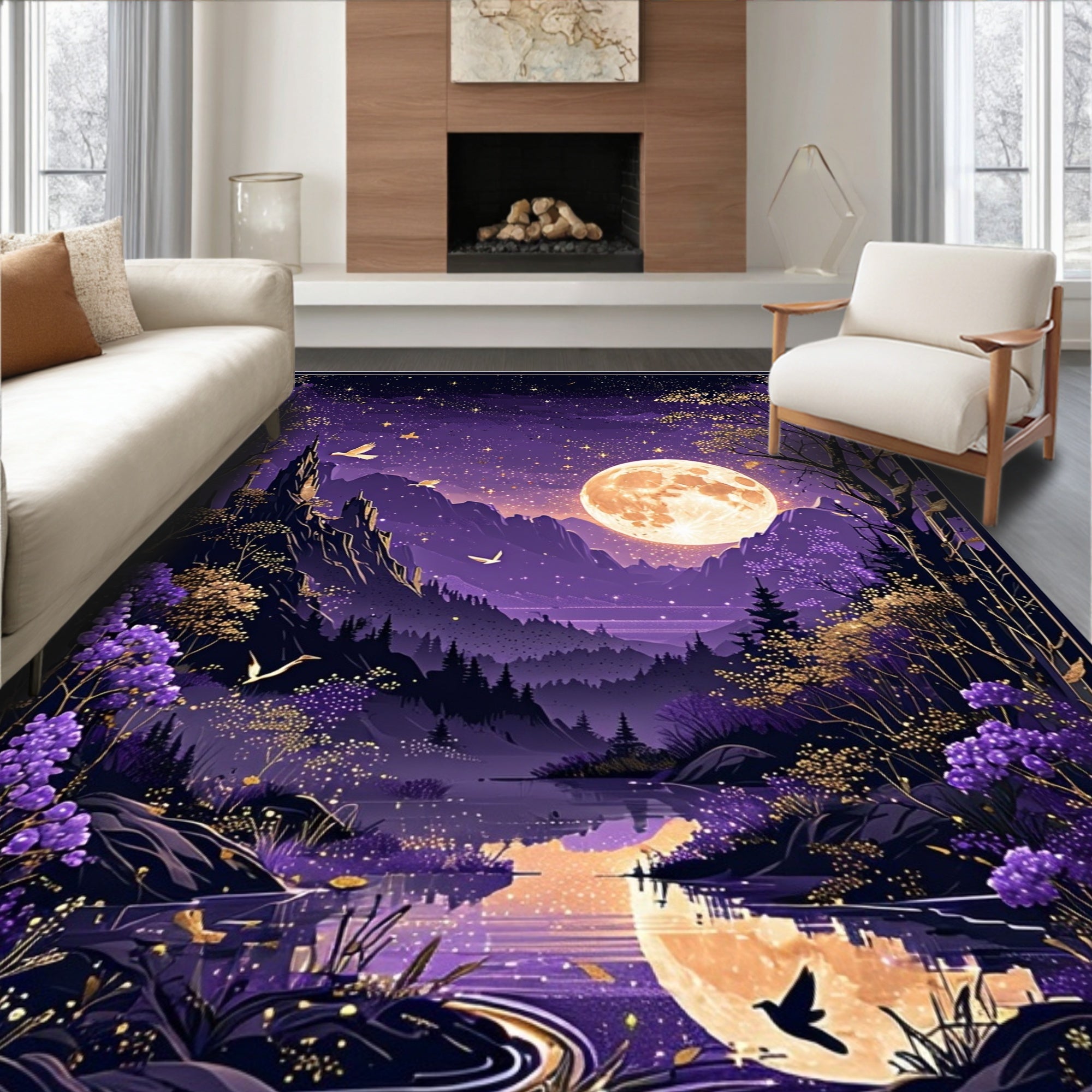 Enchanting Moonlit Mountain Landscape Rug