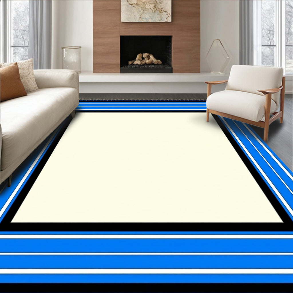 Geometric Bold Blue White Black Banded Rug