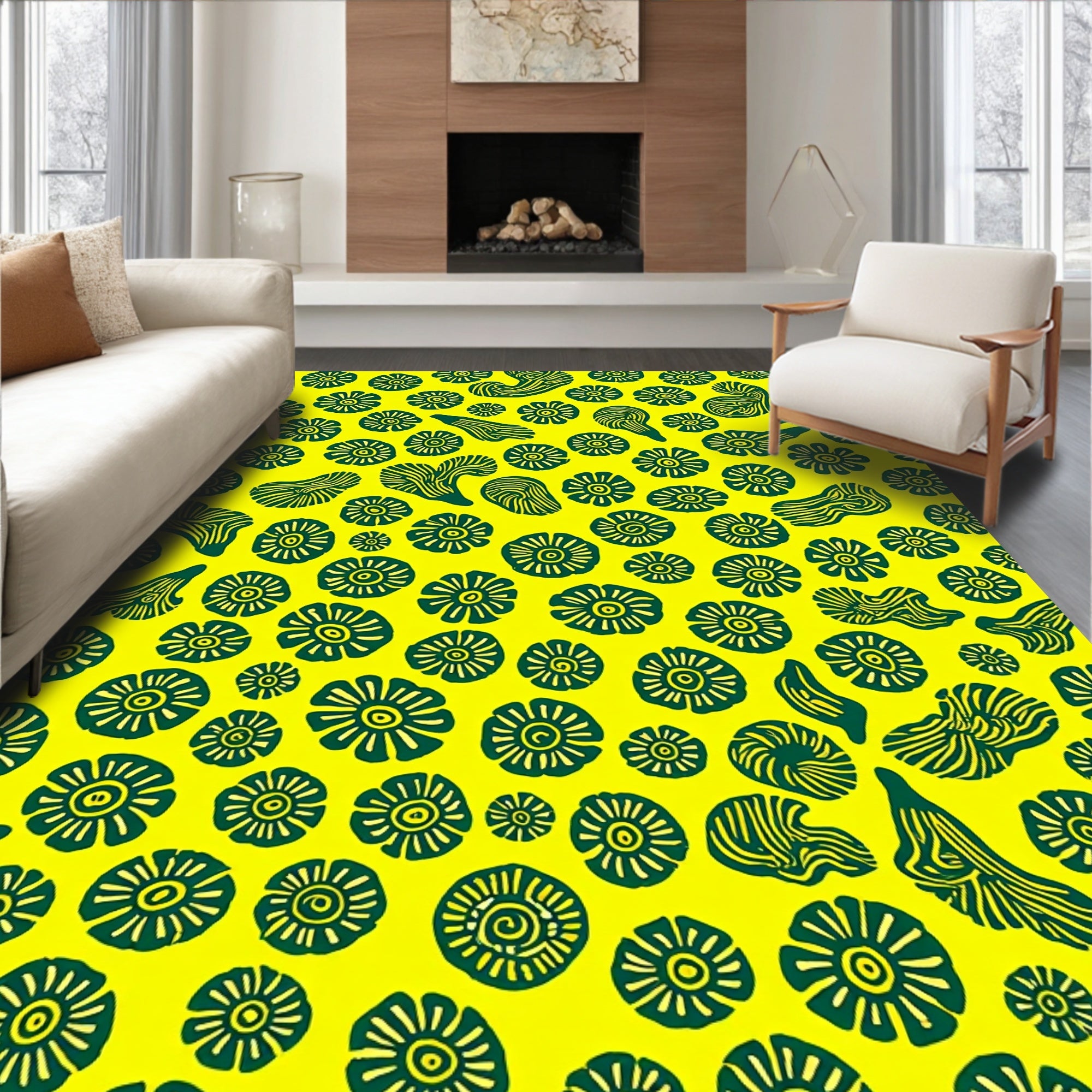 Bold Floral Shapes Yellow Green Rug
