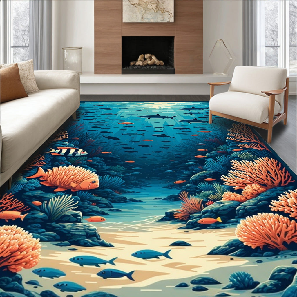 Diverse Fish Coral Reef Undersea Scene Rug