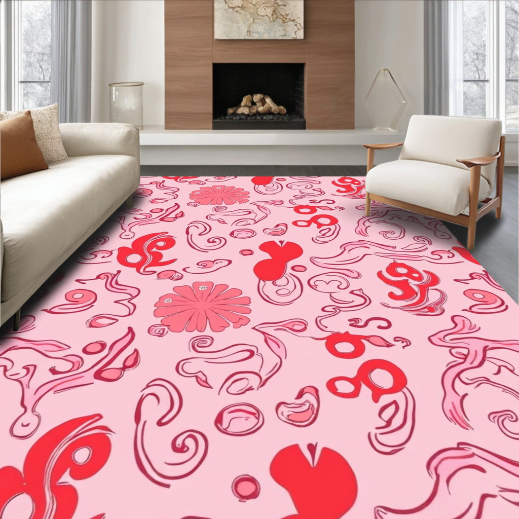 Whimsical Red Pink Swirl Abstract Rug