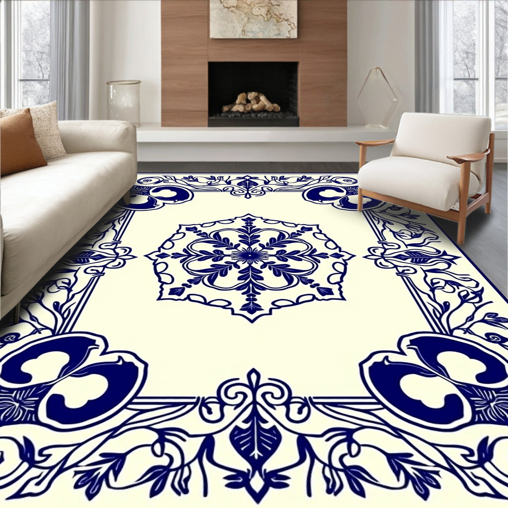 Blue Floral Medallion Border Design Rug
