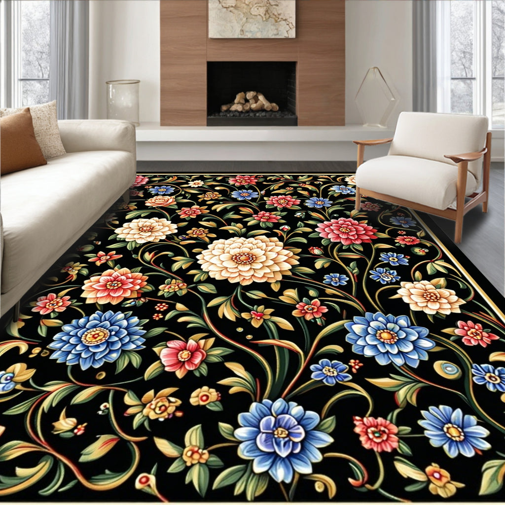 Rich Floral Vines On Black Background Rug