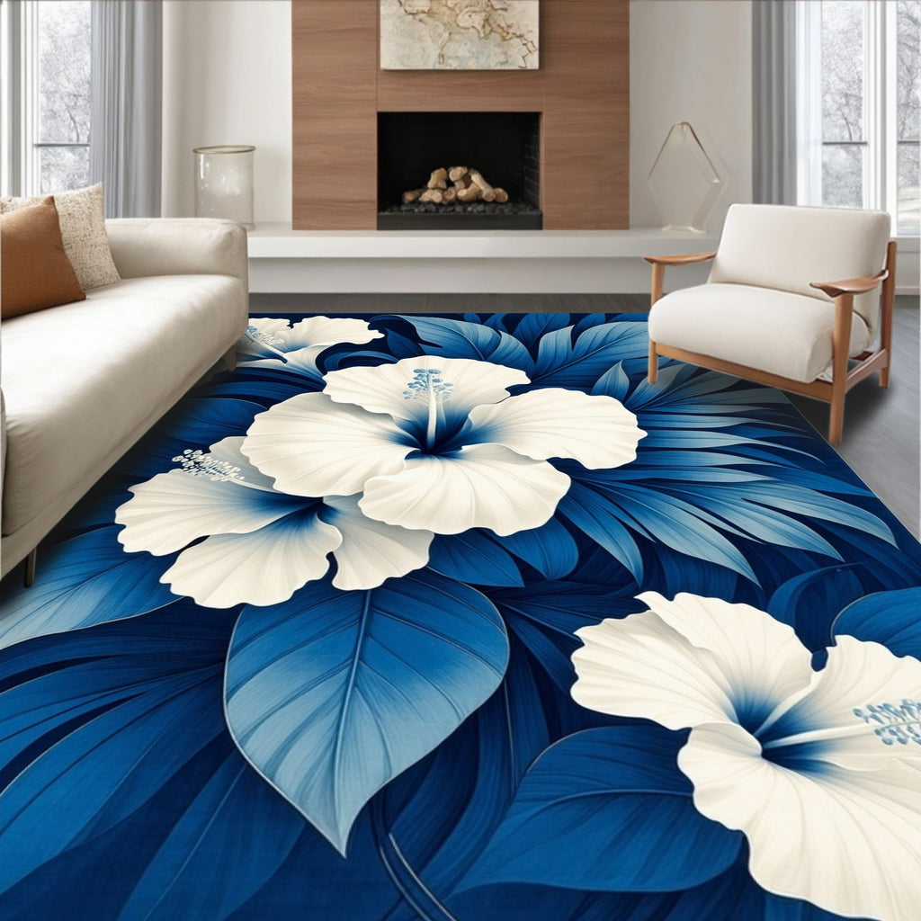 Vibrant White Hibiscus Blue Foliage Art Rug