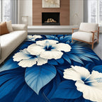 Vibrant White Hibiscus Blue Foliage Art Rug