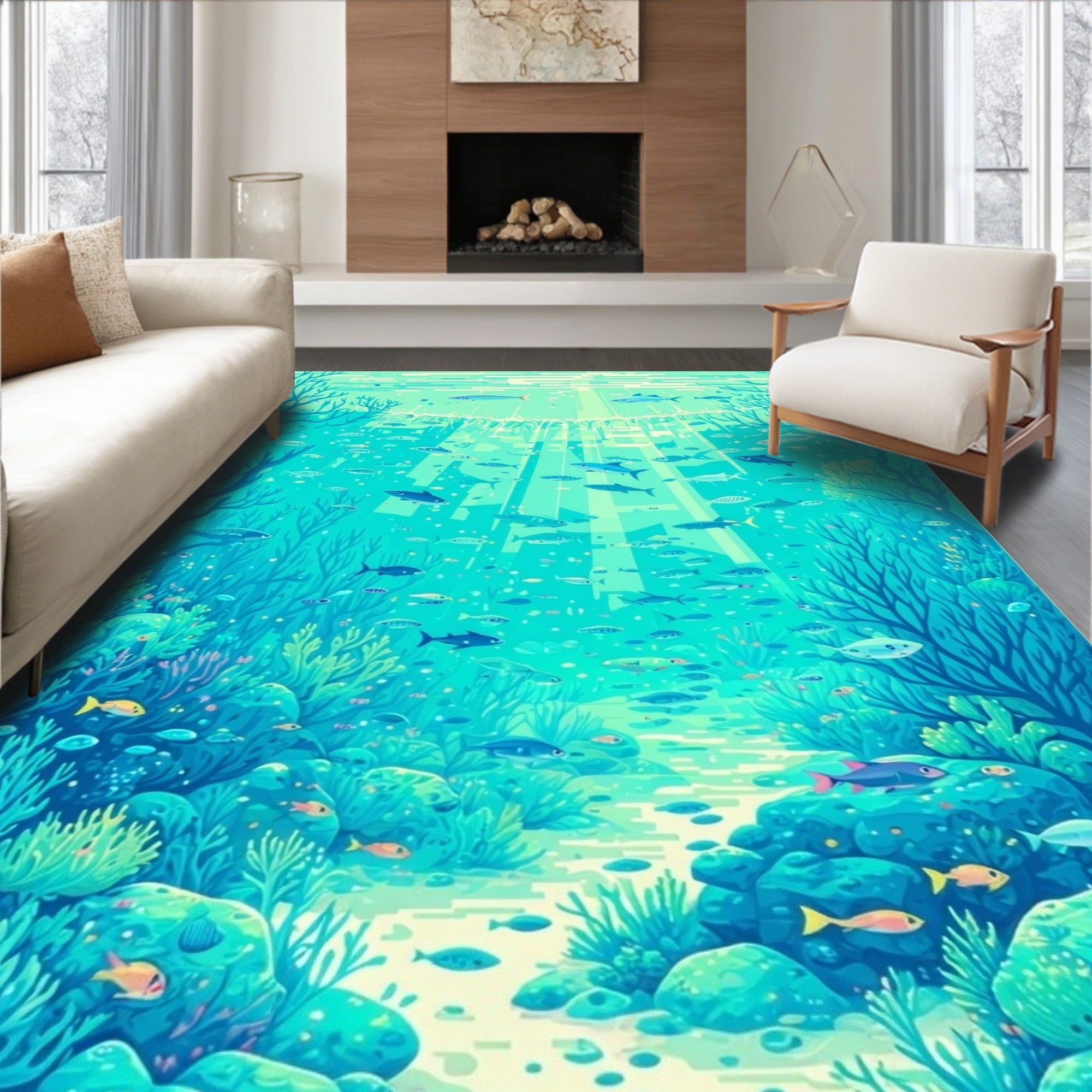 Underwater Ocean Life Fish Coral Pattern Rug