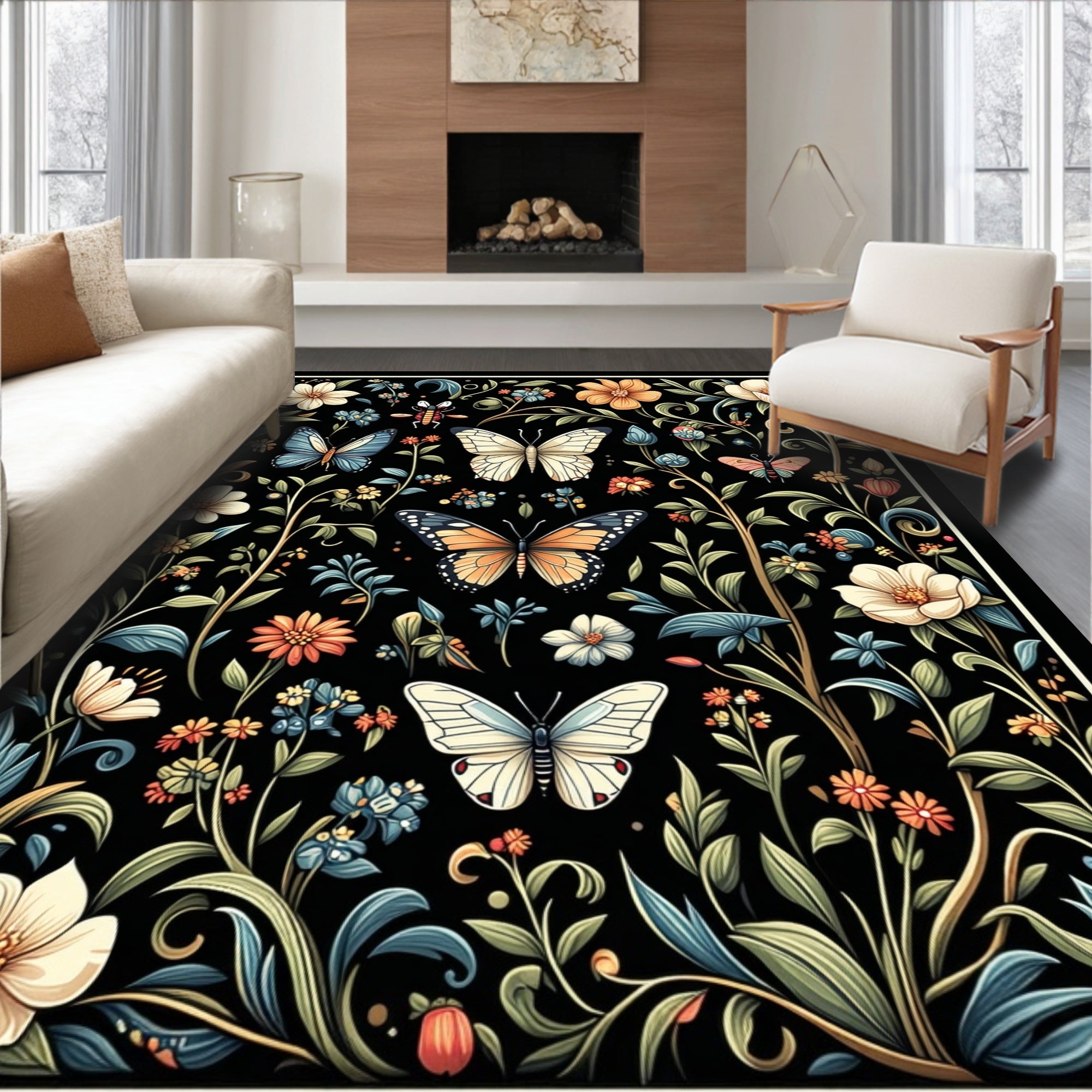 Floral Garden Butterfly Pattern Rug