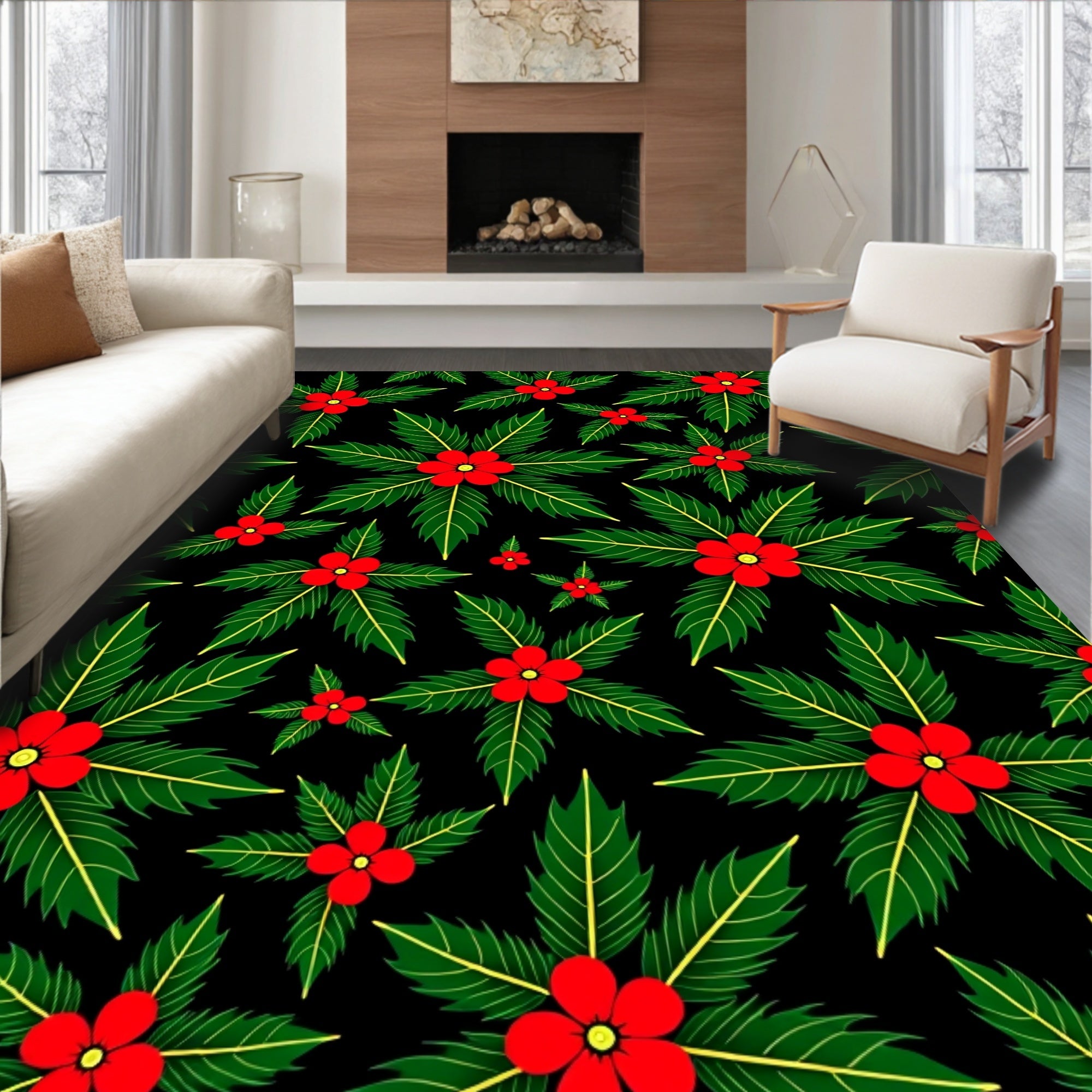 Vibrant Red Flower Festive Green Leaves Rug
