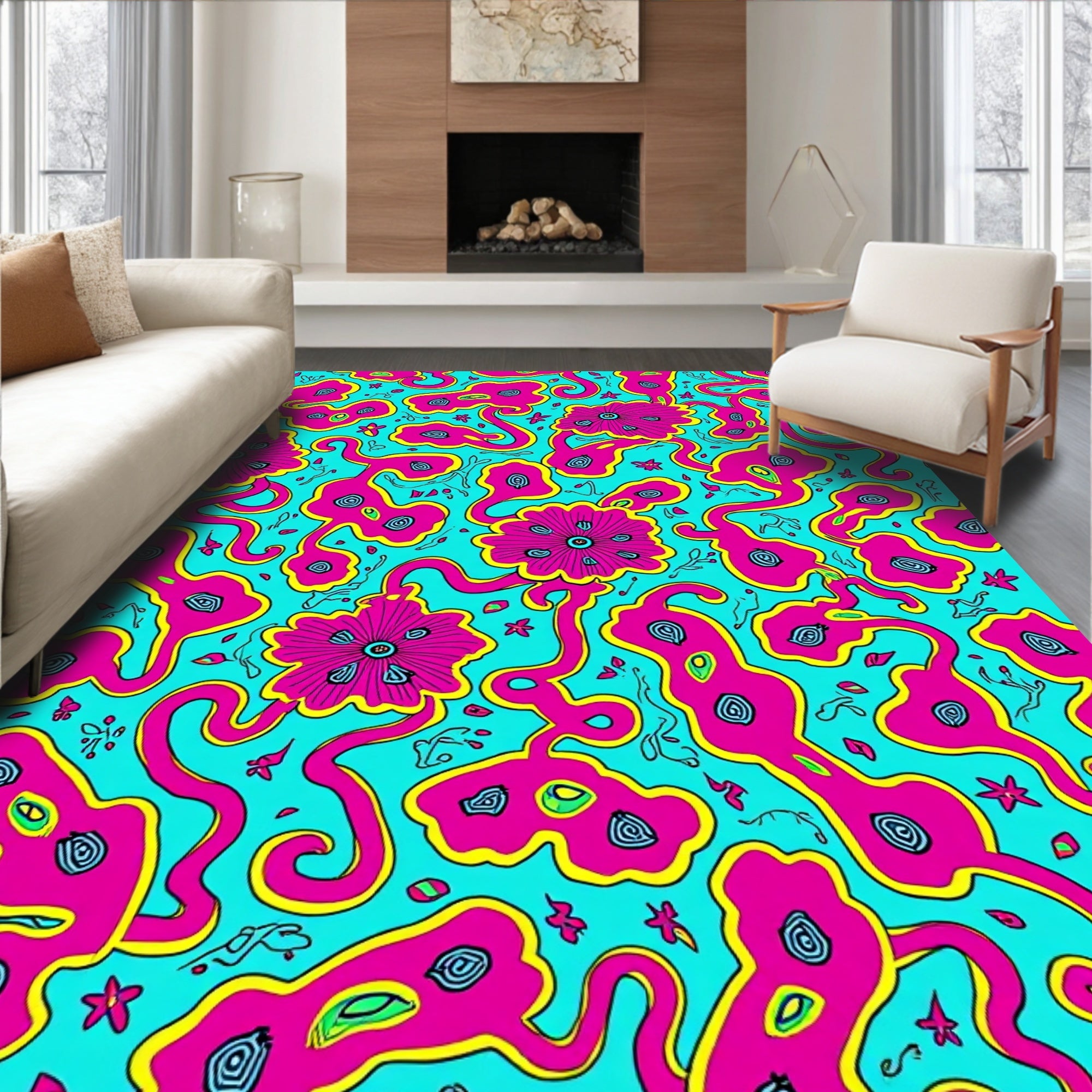 Psychedelic Pink Floral Swirl Pattern Rug