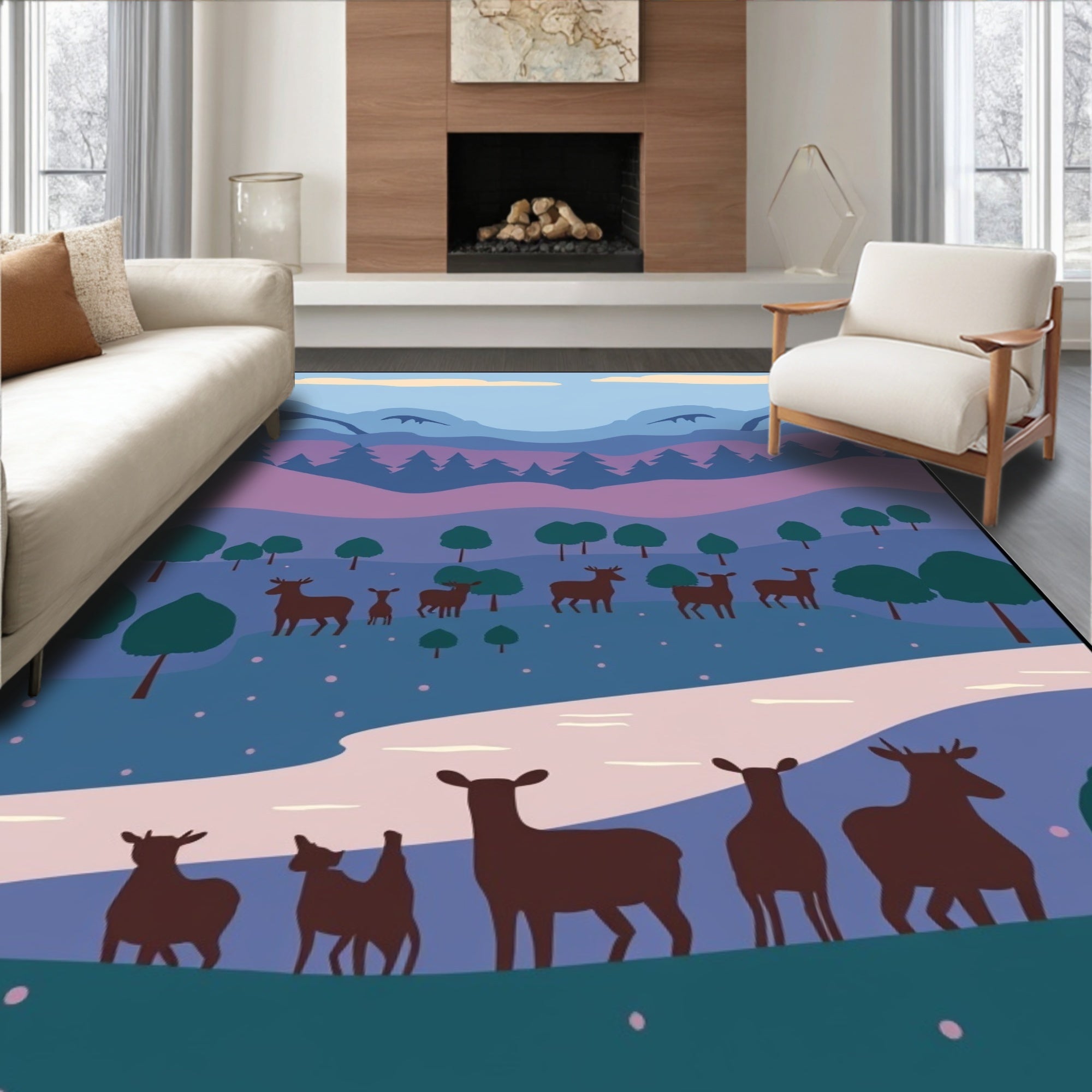 Serene Deer Mountain Landscape Rug
