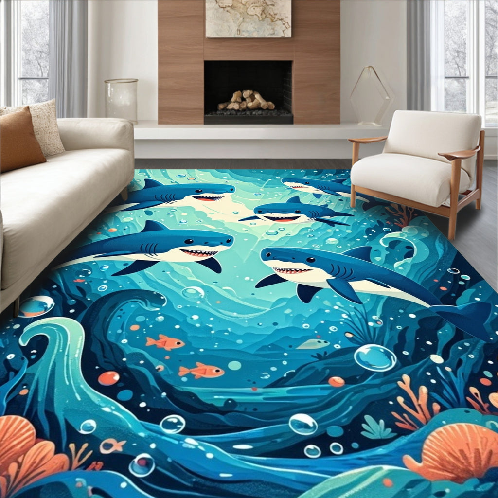 Playful Sharks Ocean Wave Design Rug
