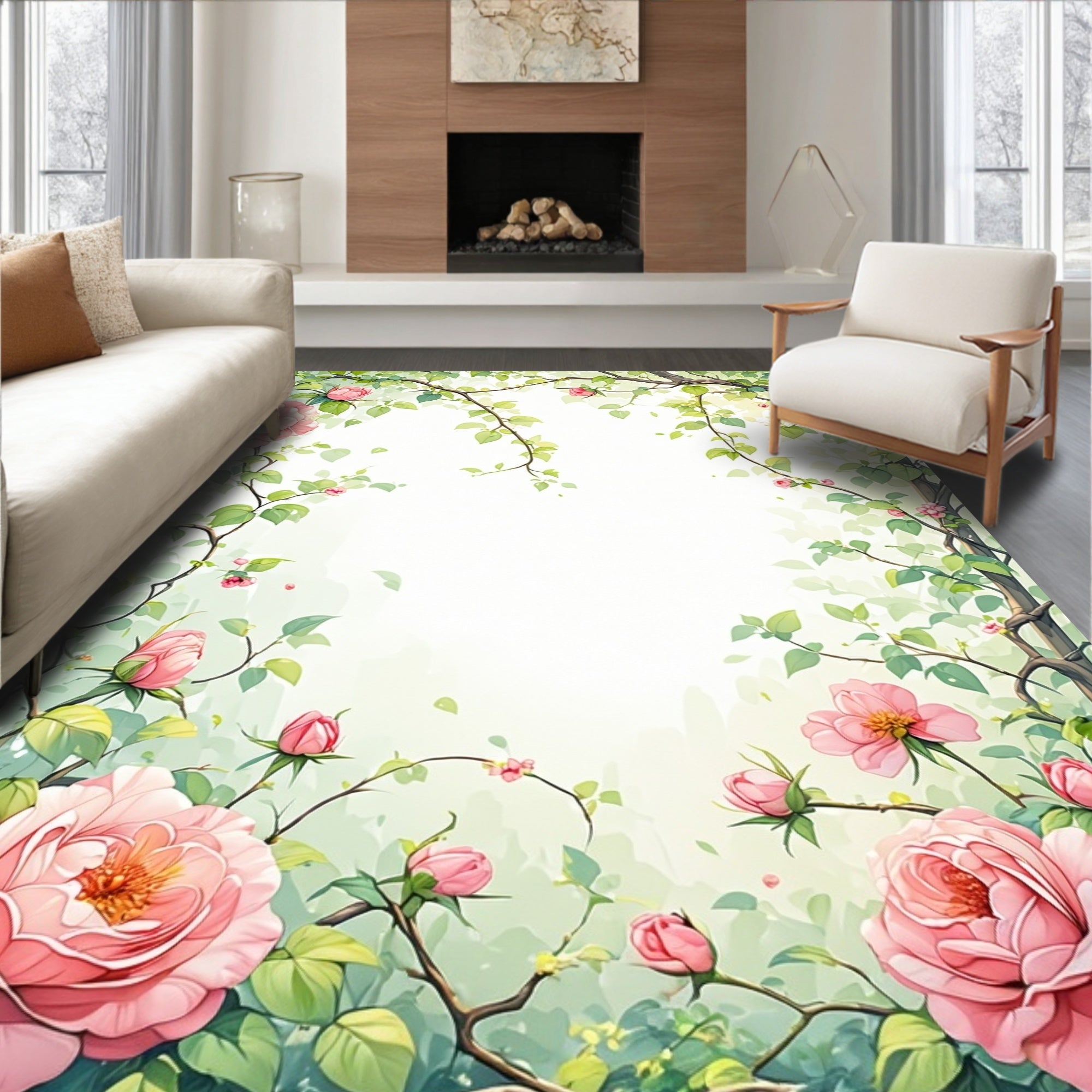 Pink Garden Blossoms Vine Pattern Rug